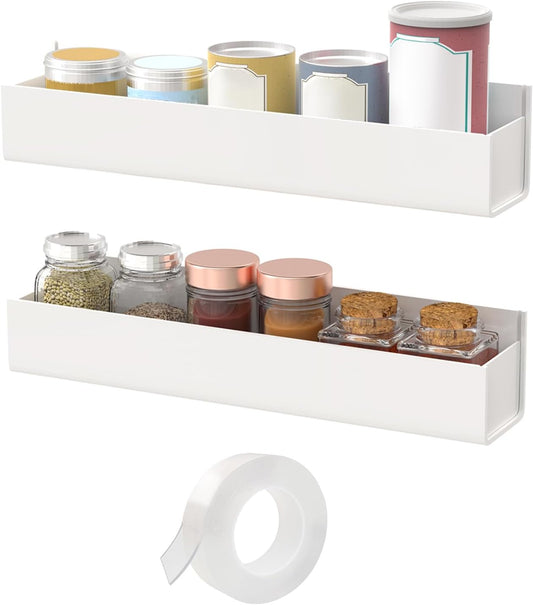 Adhesive Acrylic Spice Rack with Nano Double Sided Tape Wall Mount Organizer Wall Spice Rack with Shelf Ends for Kitchen Cabinet Door - 2 Pack 12'' Shelves (White)