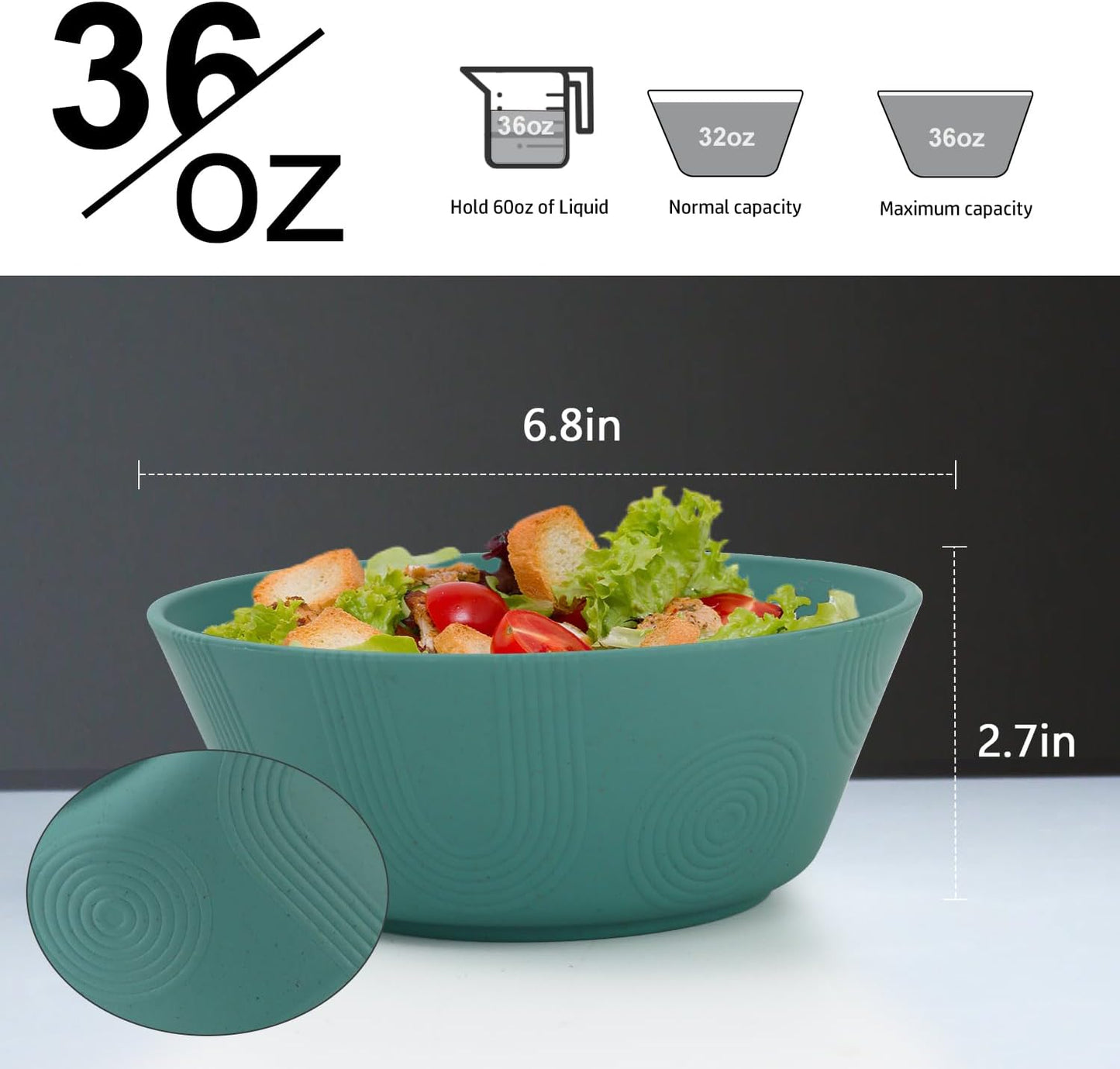 Wheat Straw Bowl Set of 6 - 36oz Cereal and Soup Bowls, Microwave and Dishwasher Safe, Eco-Friendly Alternative to Plastic for Serving Salad and Soup (Green)