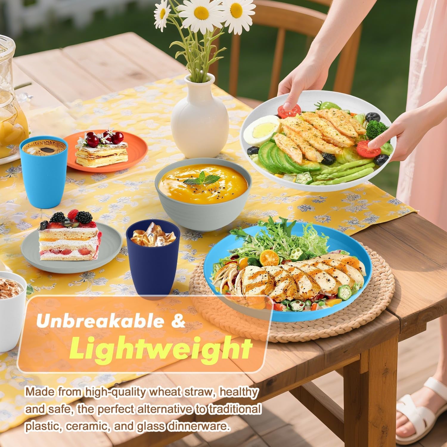 32-Piece Unbreakable Wheat Straw Dinnerware Set - Microwave and Dishwasher Safe Lightweight Plates and Bowls for Kitchen, Camping, and Parties - Island Series