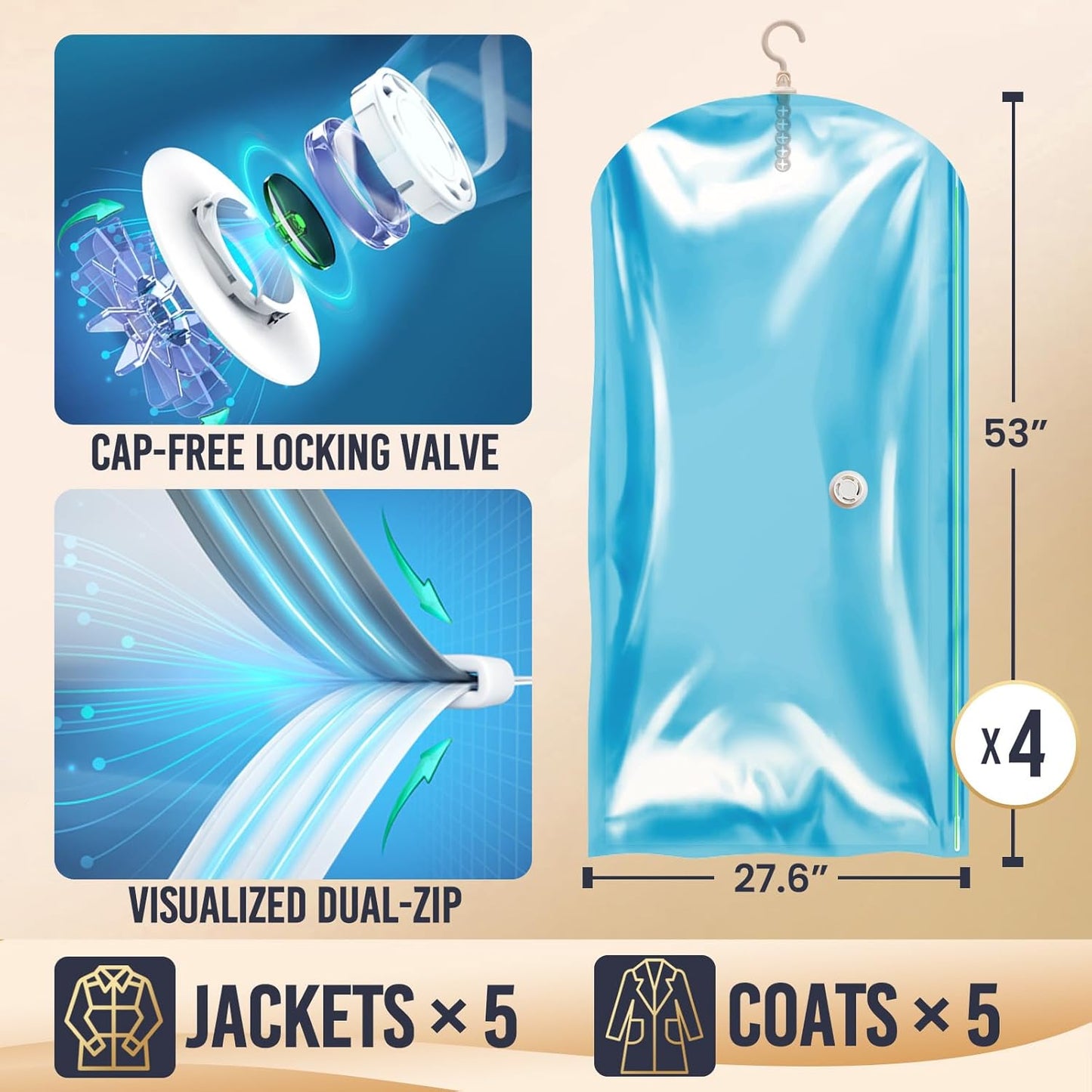 Hanging Vacuum Storage Sealer Space Saver Bags for Clothes, Coat, Closet Organizers, 4 Pack (2 Long, 2 Short) Blue