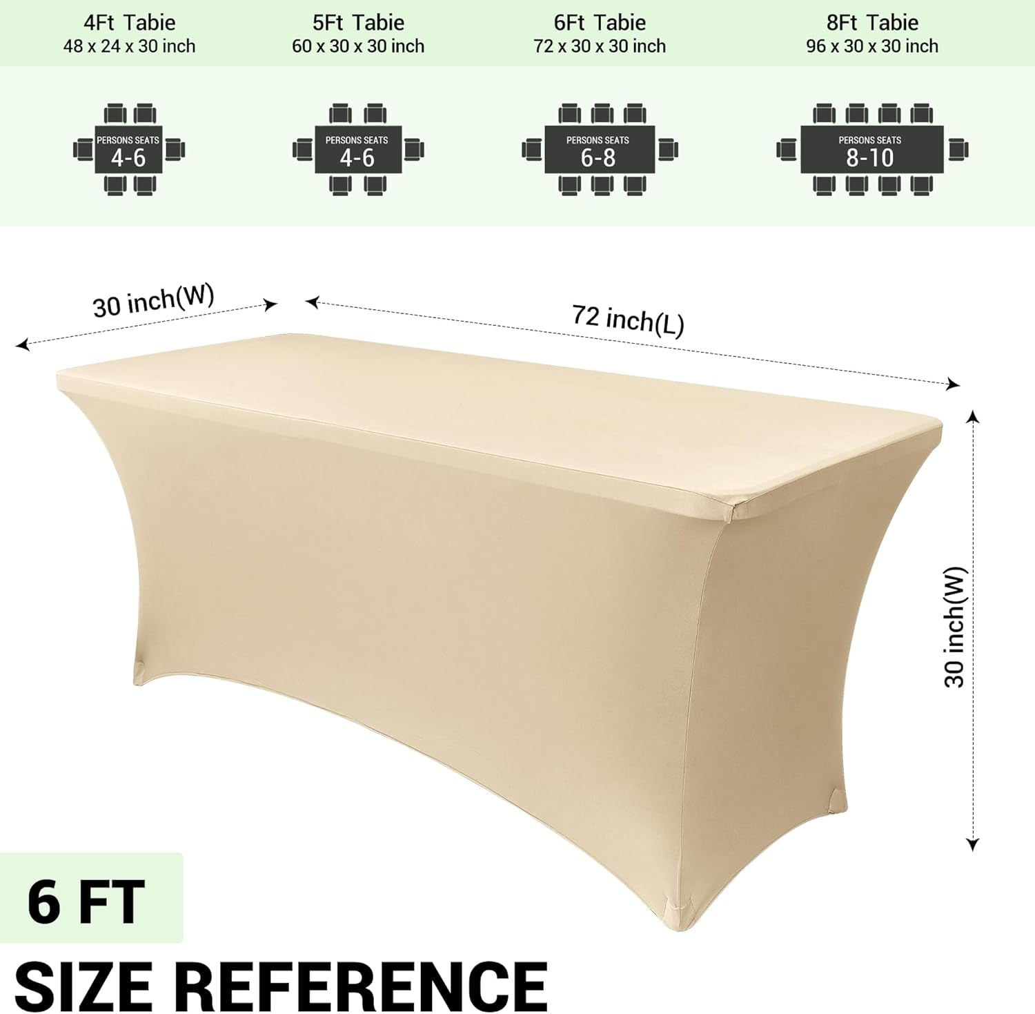 6Ft Stretch Spandex Table Cover for Standard Folding Tables - 2 Pack Universal Rectangular Fitted Tablecloth Protector for Wedding, Banquet and Party, 72L X 30W X 30H Inches, Champagne, 2Pc