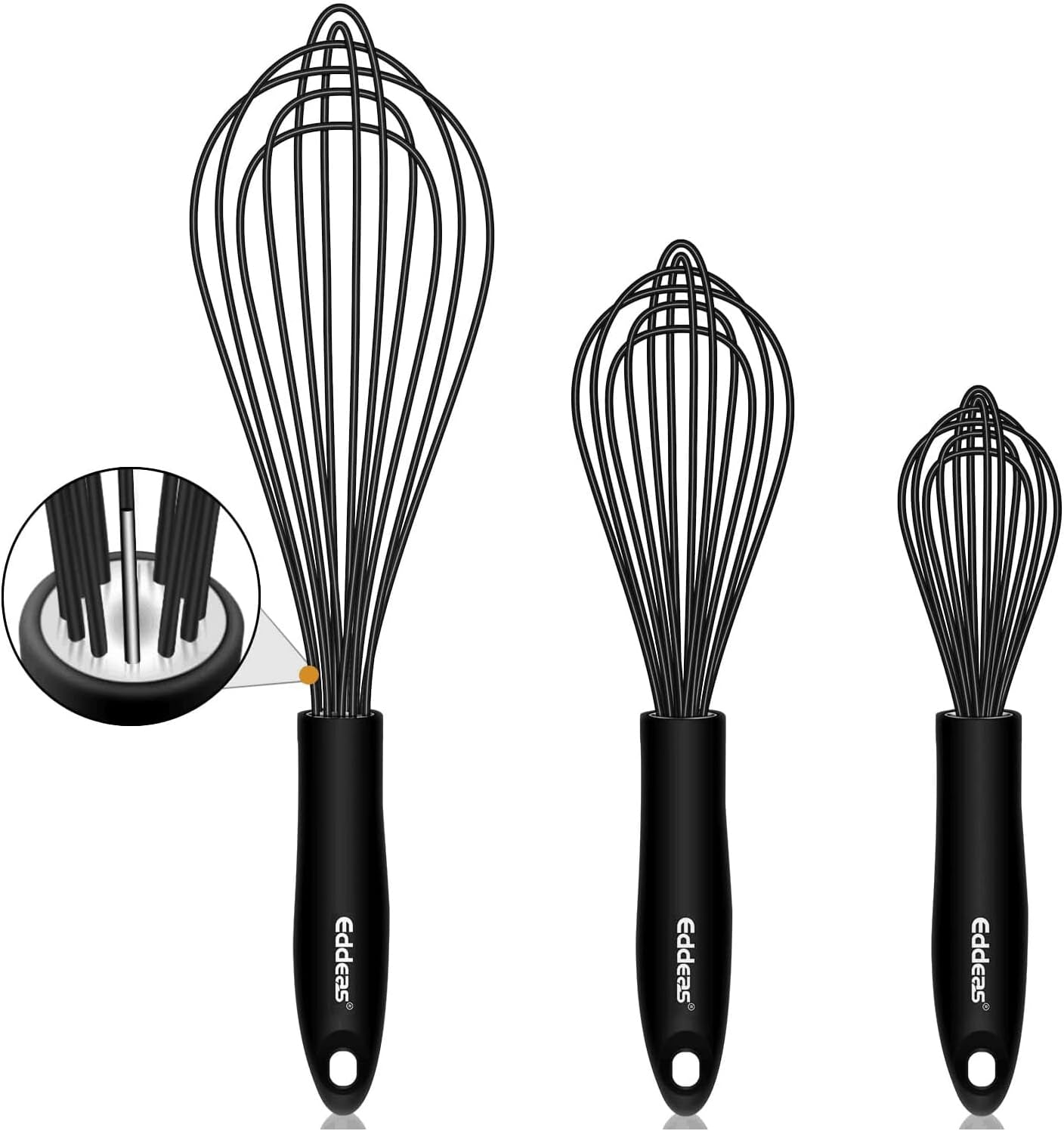 Silicone Whisk, Stainless Steel & Silicone Non-Stick Coated Whisks Set of 3-Heat Resistant Kitchen Whisks, Balloon Egg Beater Perfect for Blending, Whisking, Beating & Stirring, Black