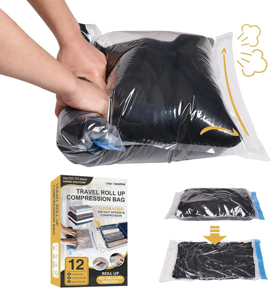 Compression Bags for Travel - Travel Essentials - 12 Pack Space Saver Bags - No Vacuum Needed - Compression Packing Bags for Cruise Accessories