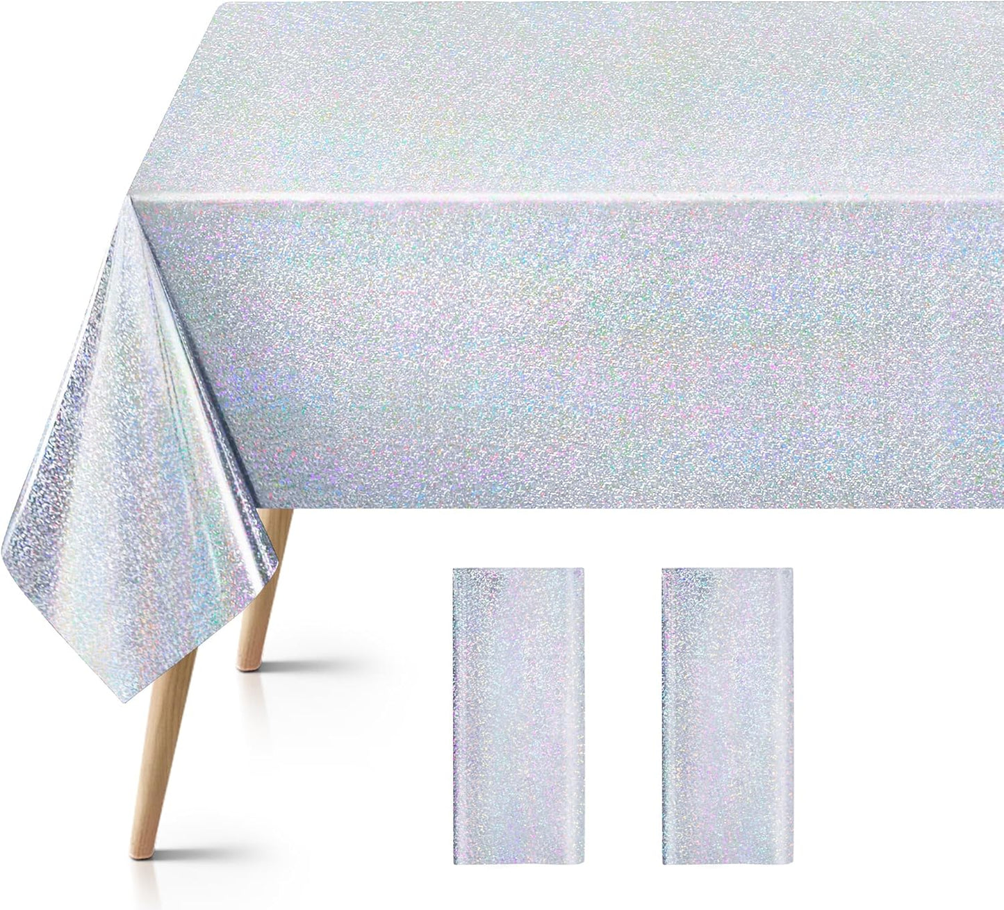 Set of 2 Silver Holographic Foil Tablecloths - 54x72 Durable Table Covers for Elegant Celebrations, Perfect for Parties, Weddings, and Showers