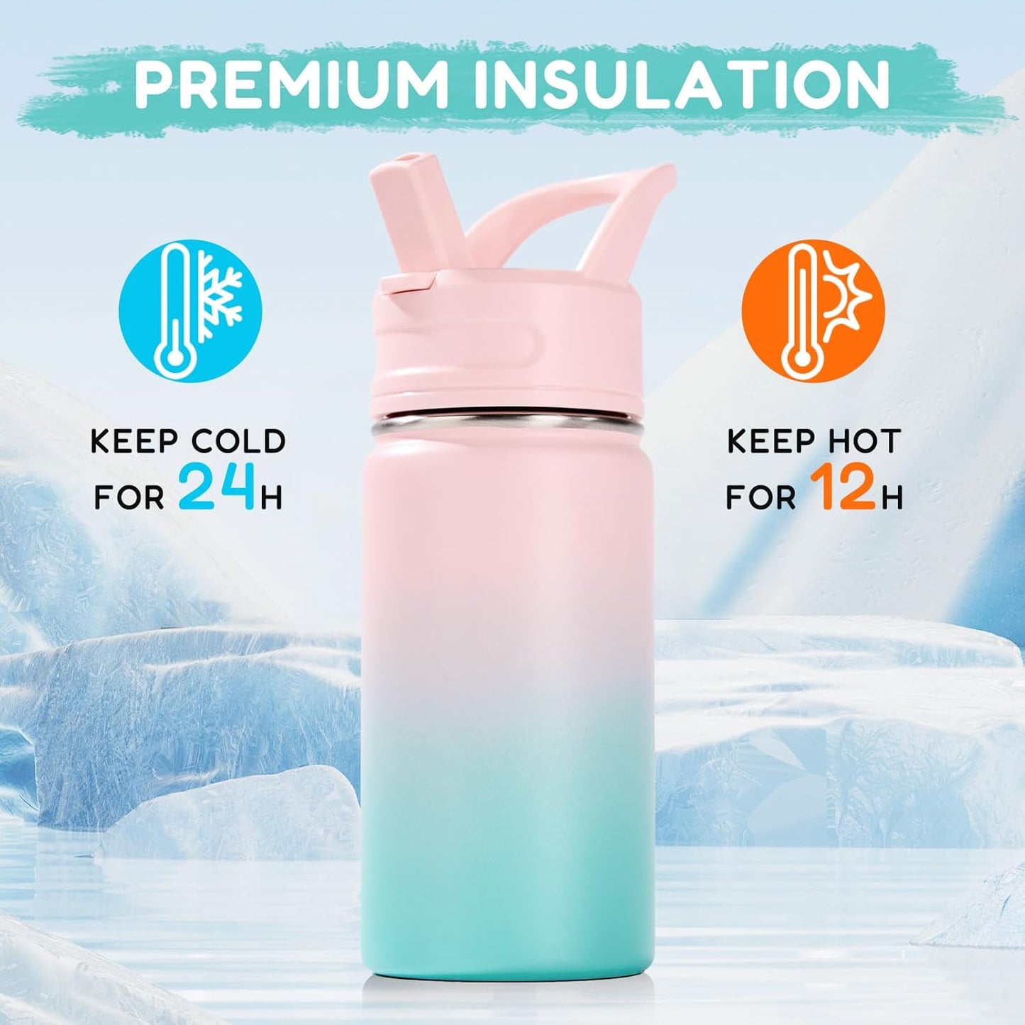 12Oz Kids Water Bottle for School, Toddler Bottles with Straws, Stainless Steel Vacuum Insulated Water Bottle for Boys&Girls, Leak-Proof, Bpa-Free, Bubble Gum