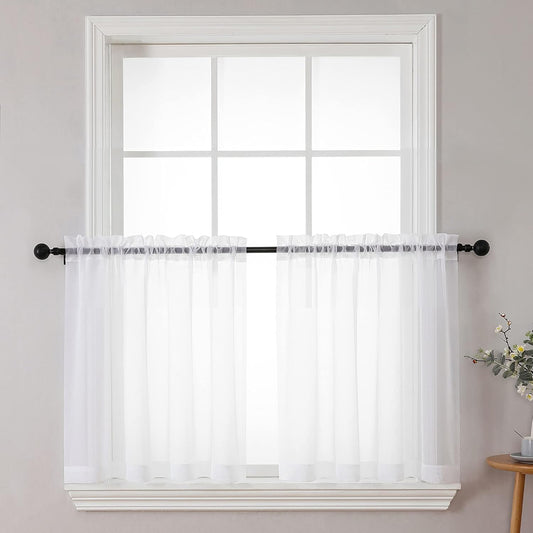 Sheer White Tier Curtains 24 Inch Length Set, Small Window Curtains Treatment for Bathroom/Living Room/Cafe/Basement, Short Voile Curtain Tiers 42In X 24In, Rod Pocket, 2 PCS