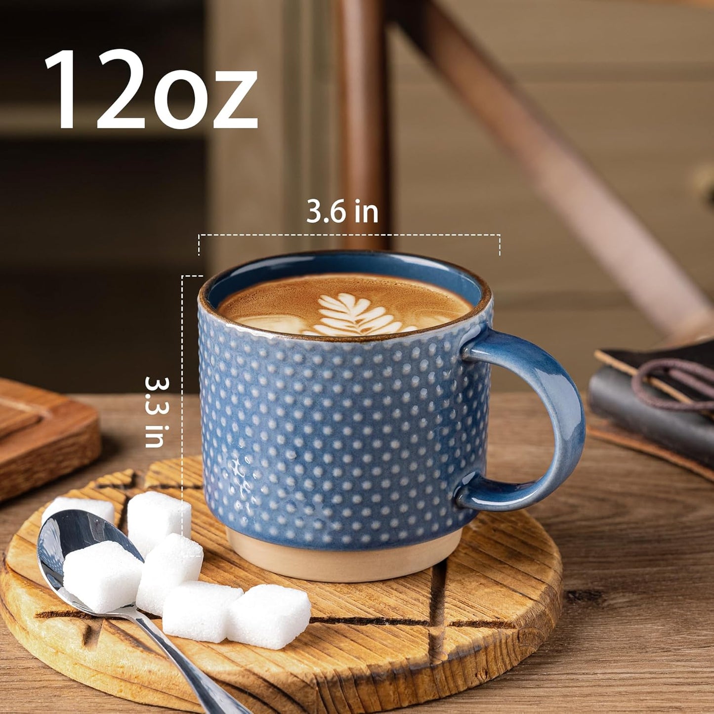 Stackable 12 OZ Ceramic Coffee Mugs Set of 4 with Textured Patterns, Dishwasher and Microwave Safe, Ideal for Lattes, Cappuccinos, and Cocoa