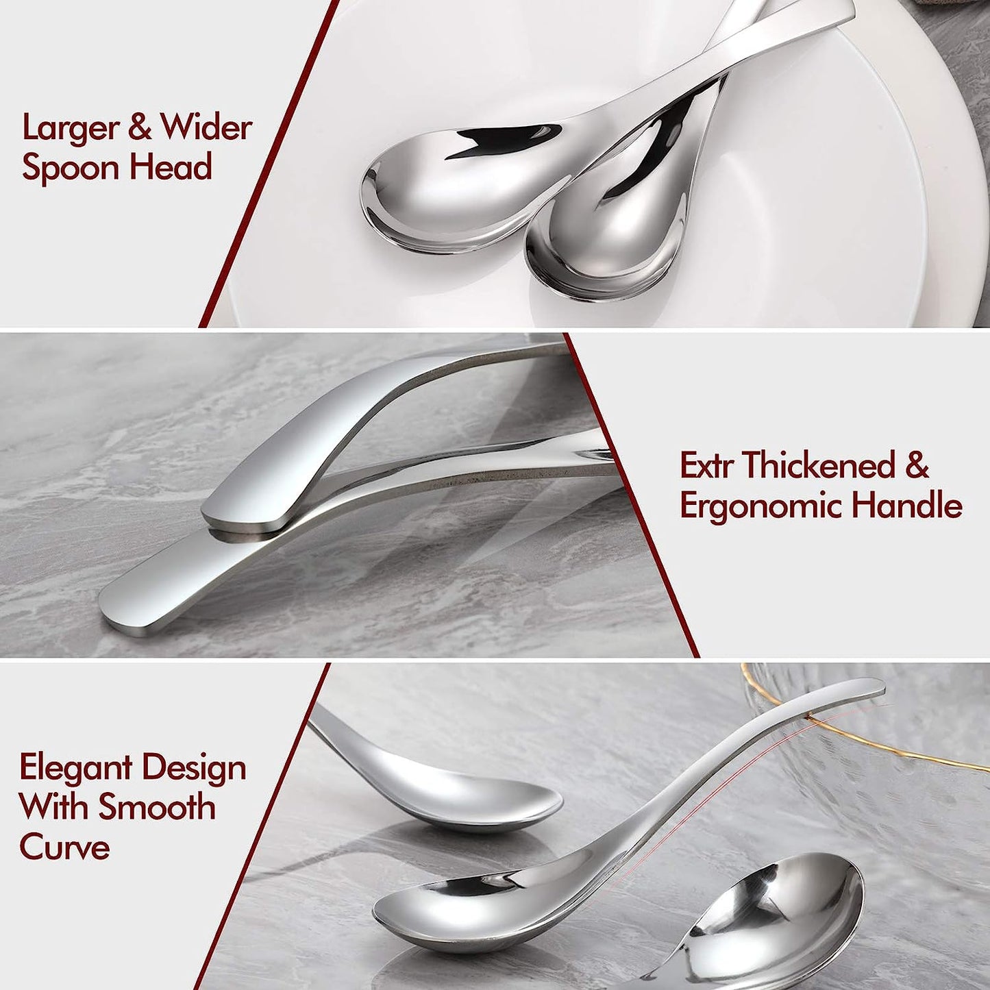 Thick Heavy-Weight Soup Spoons, High Grade Stainless Steel Soup Spoons, Set of 6