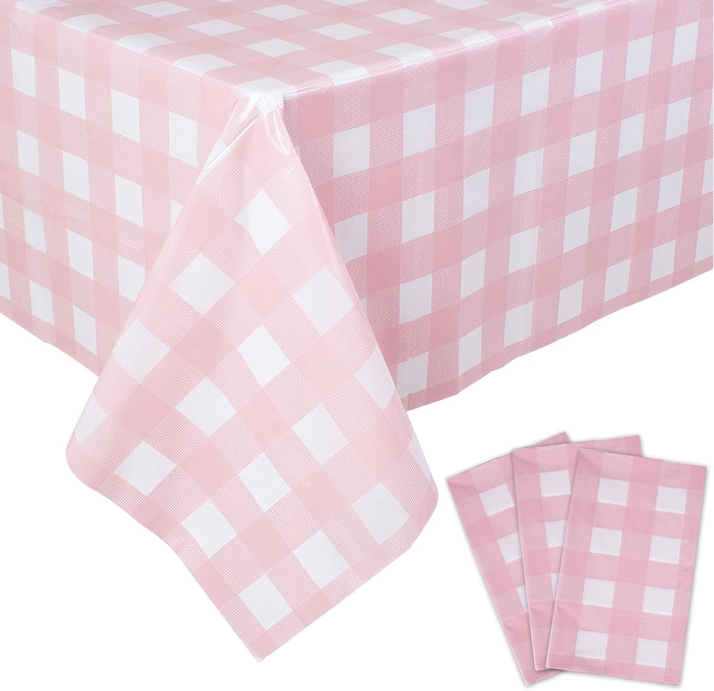 3 Packs Pink Gingham Tablecloth Pink and White Checkered Tablecloths 54 X 108 Inches Disposable Plastic Gingham Tablecovers Waterproof Rectangle Picnic Table Covers for Birthday Party Supplies
