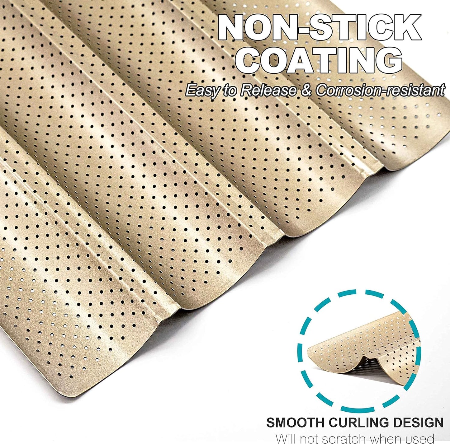 2 Pack Nonstick Perforated French Bread Baking Pan, 15"X 13" Premium Toast Mold for 4 Loaves Baguettes, French & Italian Bread Trays for Baking Loaf Bread, Ventilation & Heat Resistant (Gloden)