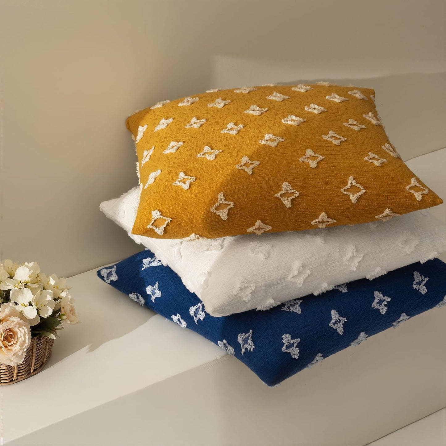 Set of 2 Decorative Throw Pillow Covers Rhombic Jacquard Pillowcase Soft Square Cushion Case for Couch Sofa Bed Bedroom Living Room, 18X18 Inch, Blue