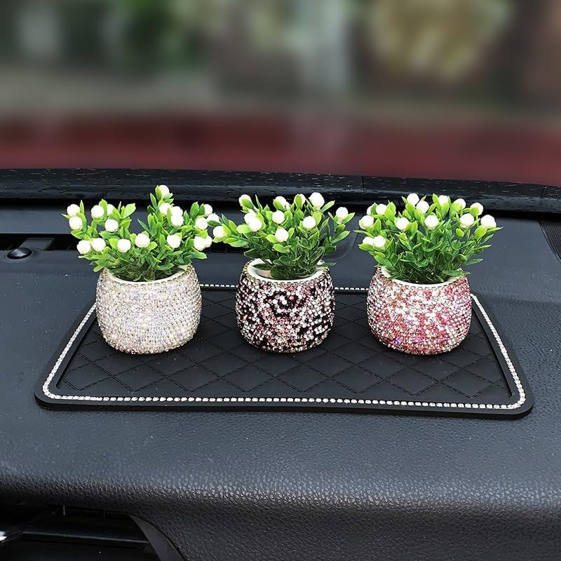 Flower Car Accessories Pink Bling Dashboard Decorations, Car Flower Vase Decals, Cute Car Interior Decor, Bling Desk Flowers for Women Office Girl Gifts