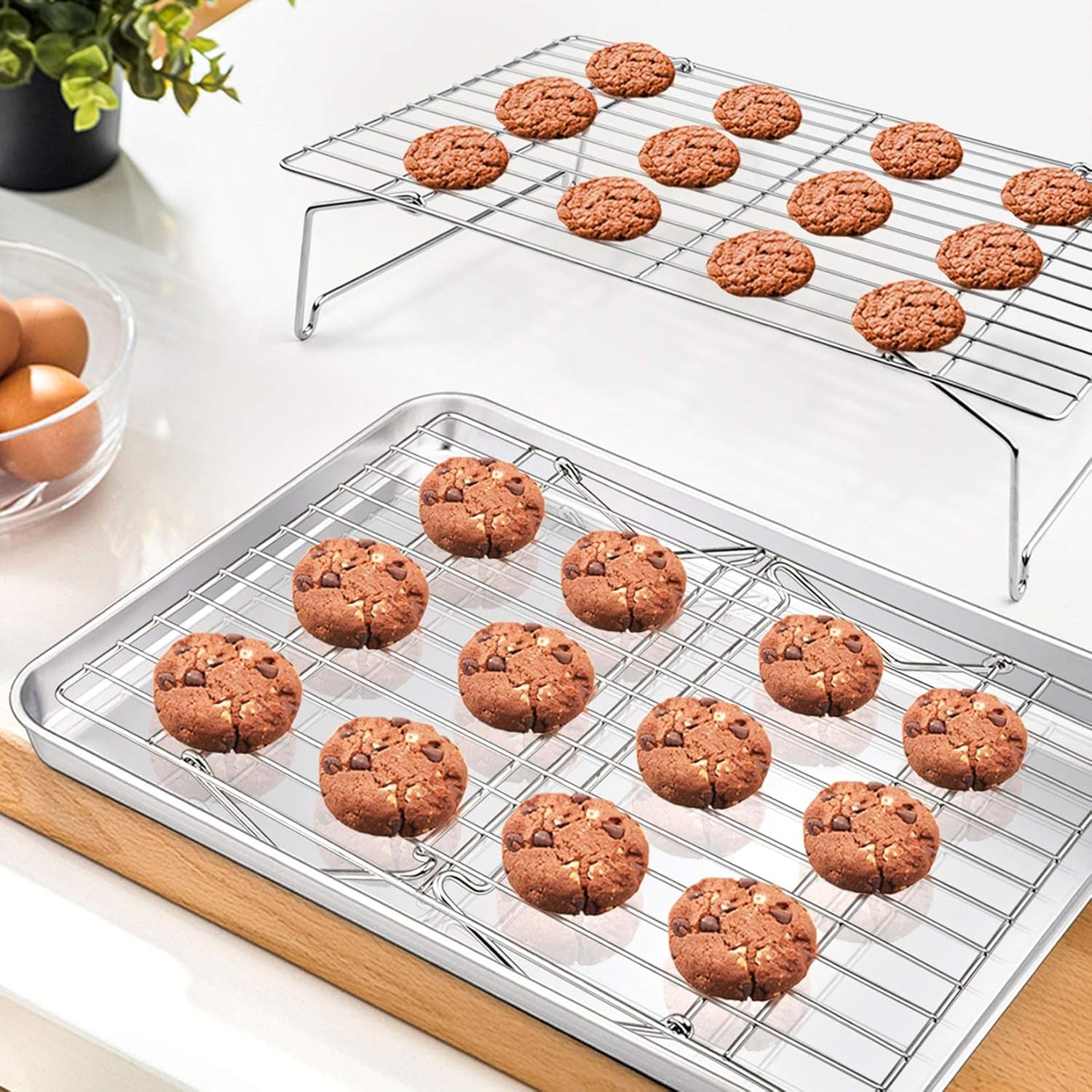 Baking Sheet and 2-Tier Cooling Racks Set,  Stainless Steel Baking Pan Tray with Stackable Cooking Wire Rack for Cookie Bacon Meat, Uncoated & Non-Toxic, Mirror Finish& Dishwasher Safe - 3Pcs