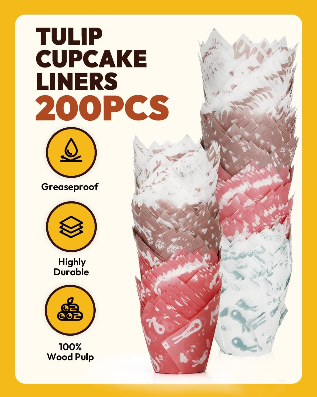 Tulip Cupcake Liners 200PCS, Muffin Baking Cupcake Liners Holders with Rabbit Design, Baking Cups, Cupcake Wrapper for Party, Wedding, Birthday, Christmas Cupcake Liners