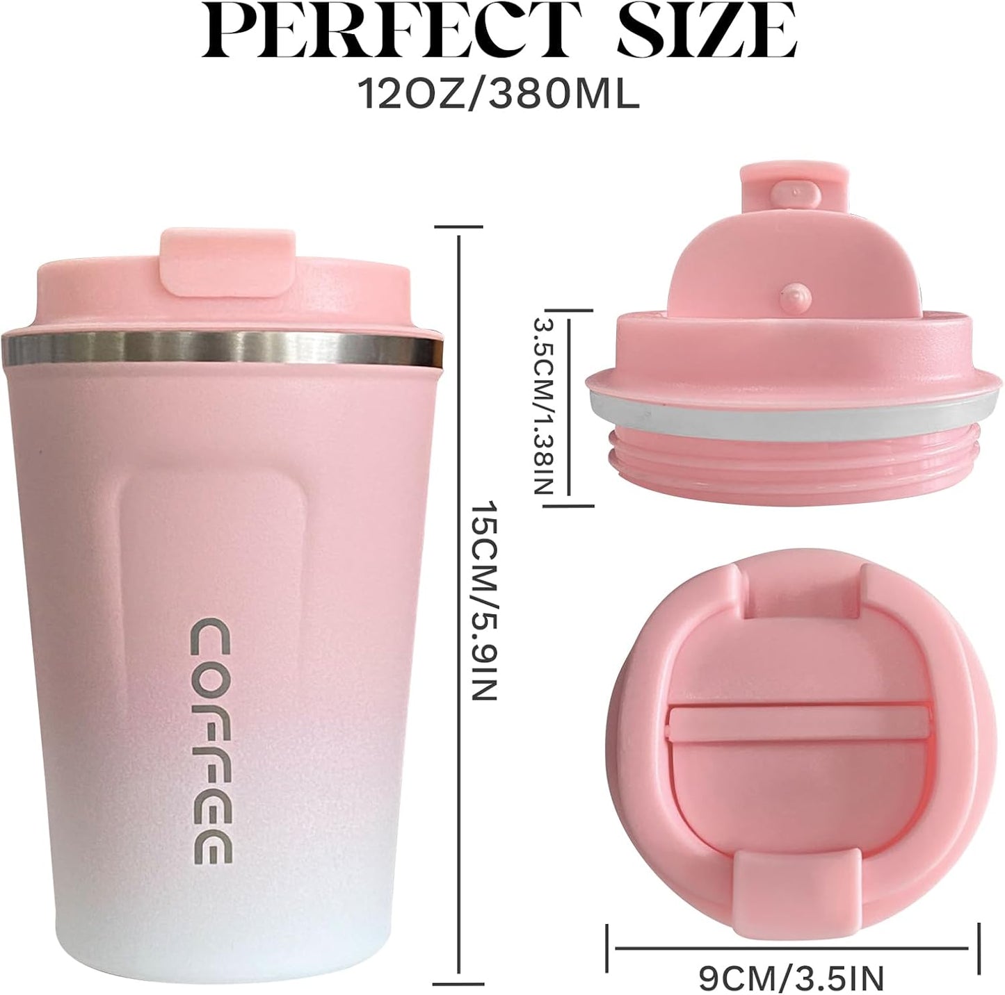 Insulated Travel Coffee Mug, Spill & Leak Proof, Portable to Go Camping Stainless Steel Coffee Tumbler, Reusable Thermal Coffee Cup with Lid for Hot & Cold Drinks (2Nd-Pink White, 12 OZ)