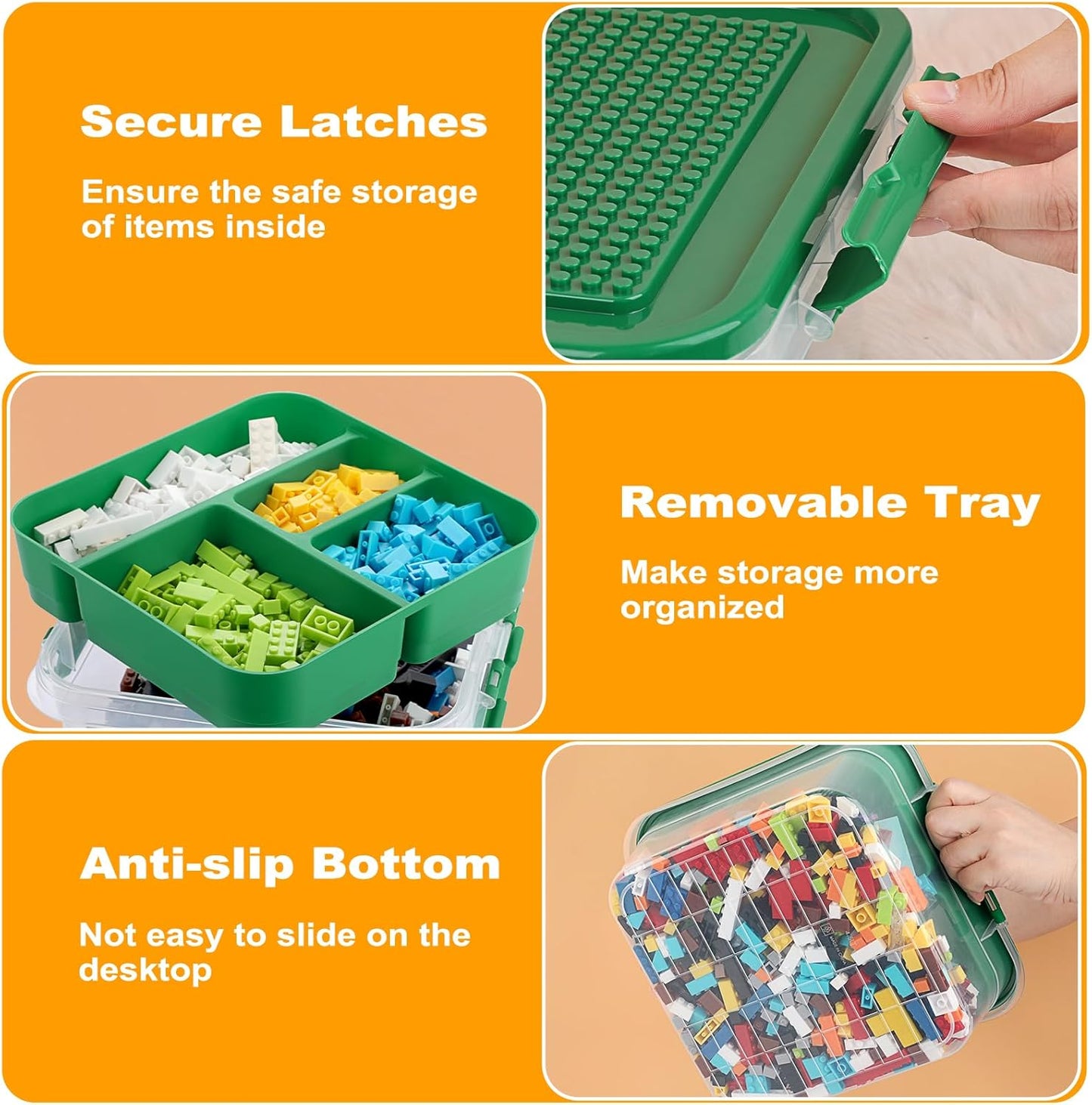 Plastic Storage Container with Brick Baseplate Lid for Building Blocks, Compartmentalized Organizer Tray, Stackable Storage Box for Building Block Collection (Green)