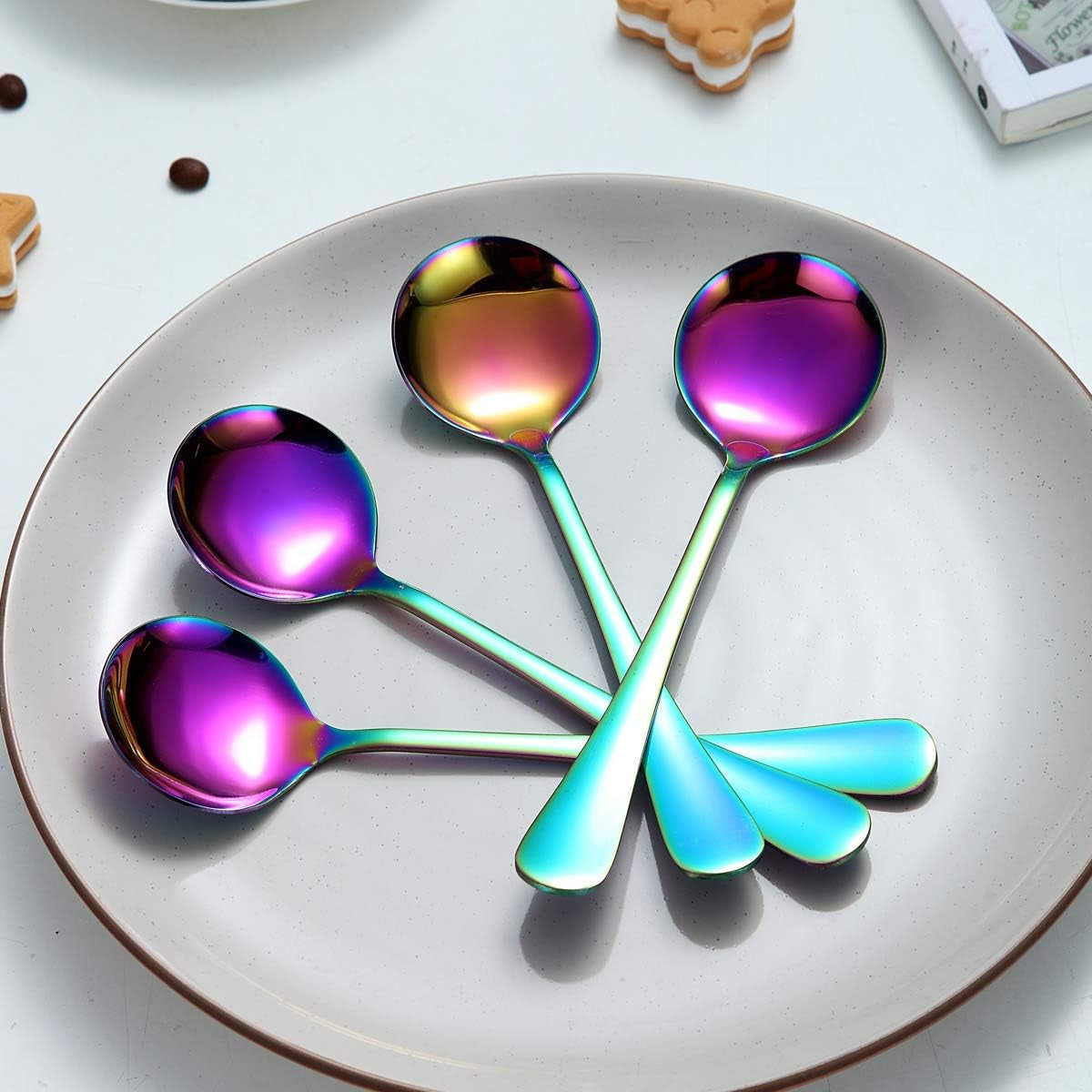 Set of 4 Rainbow Soup Spoons, 7.5" Stainless Steel with Titanium Plating, Multicolor Round Design, Easy to Clean and Dishwasher Safe