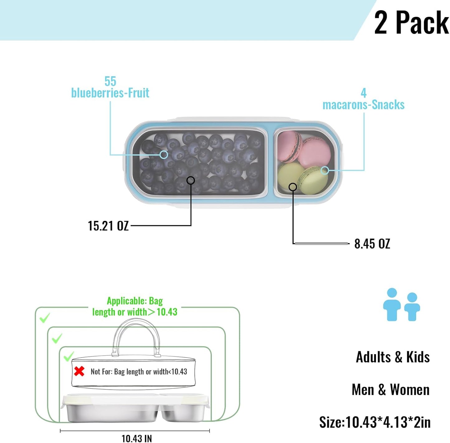 Stainless Steel Snack Containers for Kids Adults, 2 Pack 2 Compartment Metal Snack Containers Box with Lid, Reusable Food Storage Container, Leak Proof, Grab and Go, Blue