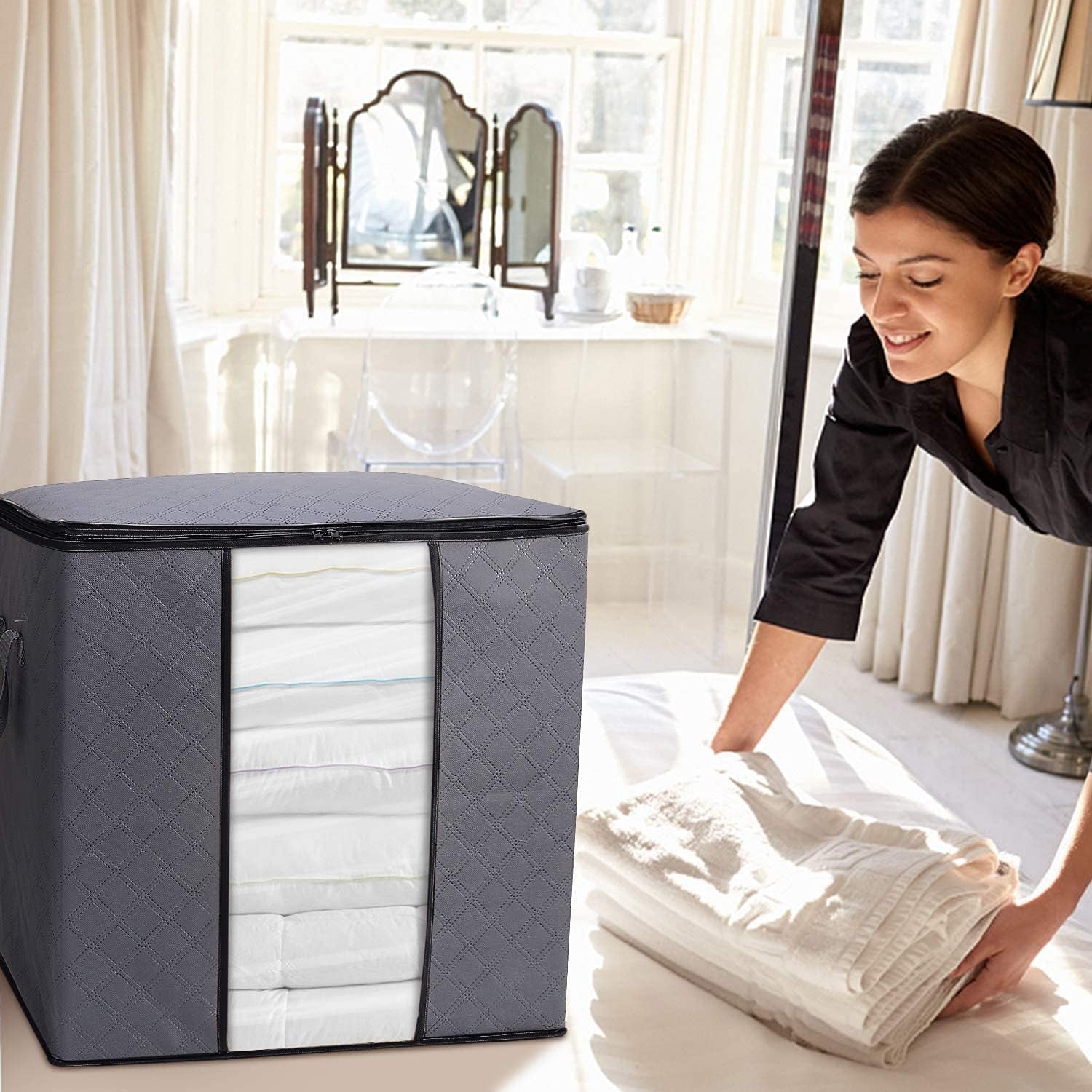 Clothes Storage Bags 6 Pack/100L Large Blanket Clothes Organization and Storage Containers for Bedding, Comforters, Foldable 3 Layer Fabric, Reinforced Handle, Sturdy & Clear Window, Grey