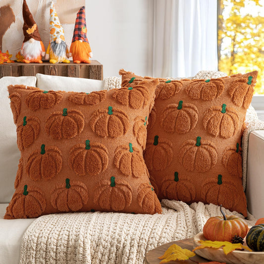 Fall Pumpkin Throw Pillow Covers Decor Set of 2 Dark Rust Green Stem 18 X 18 Decorative Cushion Covers Soft Faux Fur Couch Pillows for Autumn Harvest Outdoor Porch Farmhouse Halloween Home