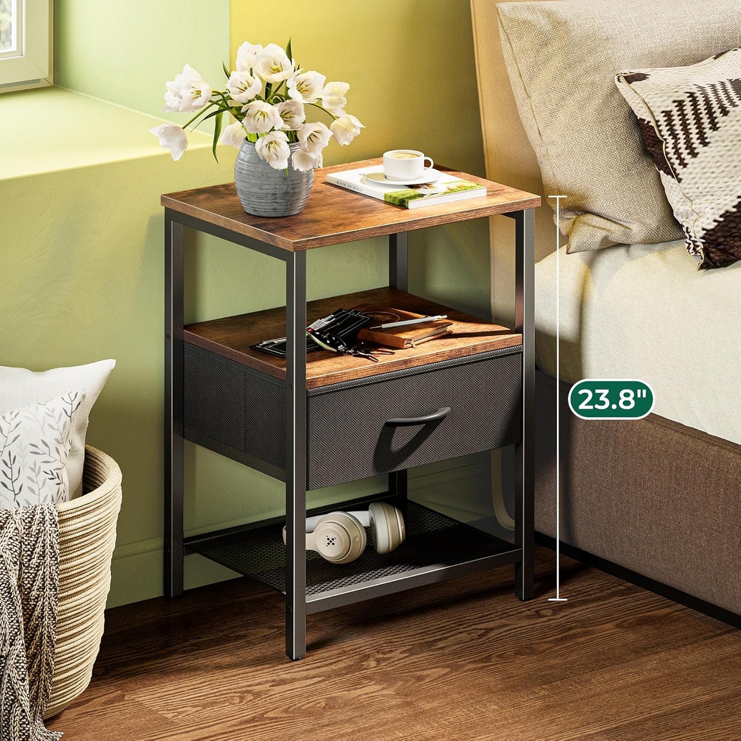 Rustic Brown and Black Nightstand with Fabric Drawer and Mesh Shelf, Metal Frame Side Table for Bedroom and Living Room