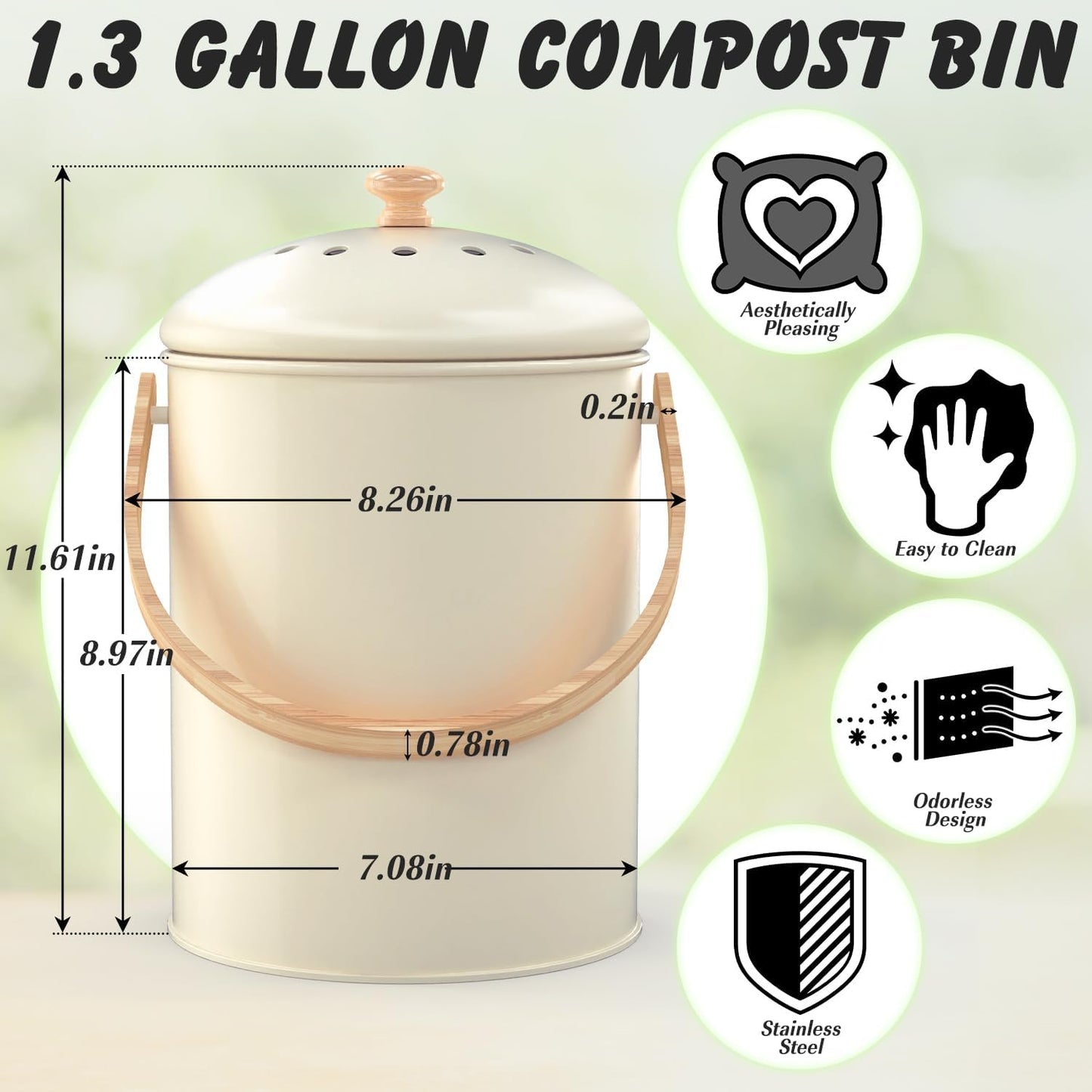 1.3 Gallon Compost Bin Kitchen Counter, Stainless Steel Odorless Indoor Compost Bin Includes 4 Pack Carbon Filters, Countertop Compost Bin with Lid, Kitchen Compost Bucket with Bamboo Handles