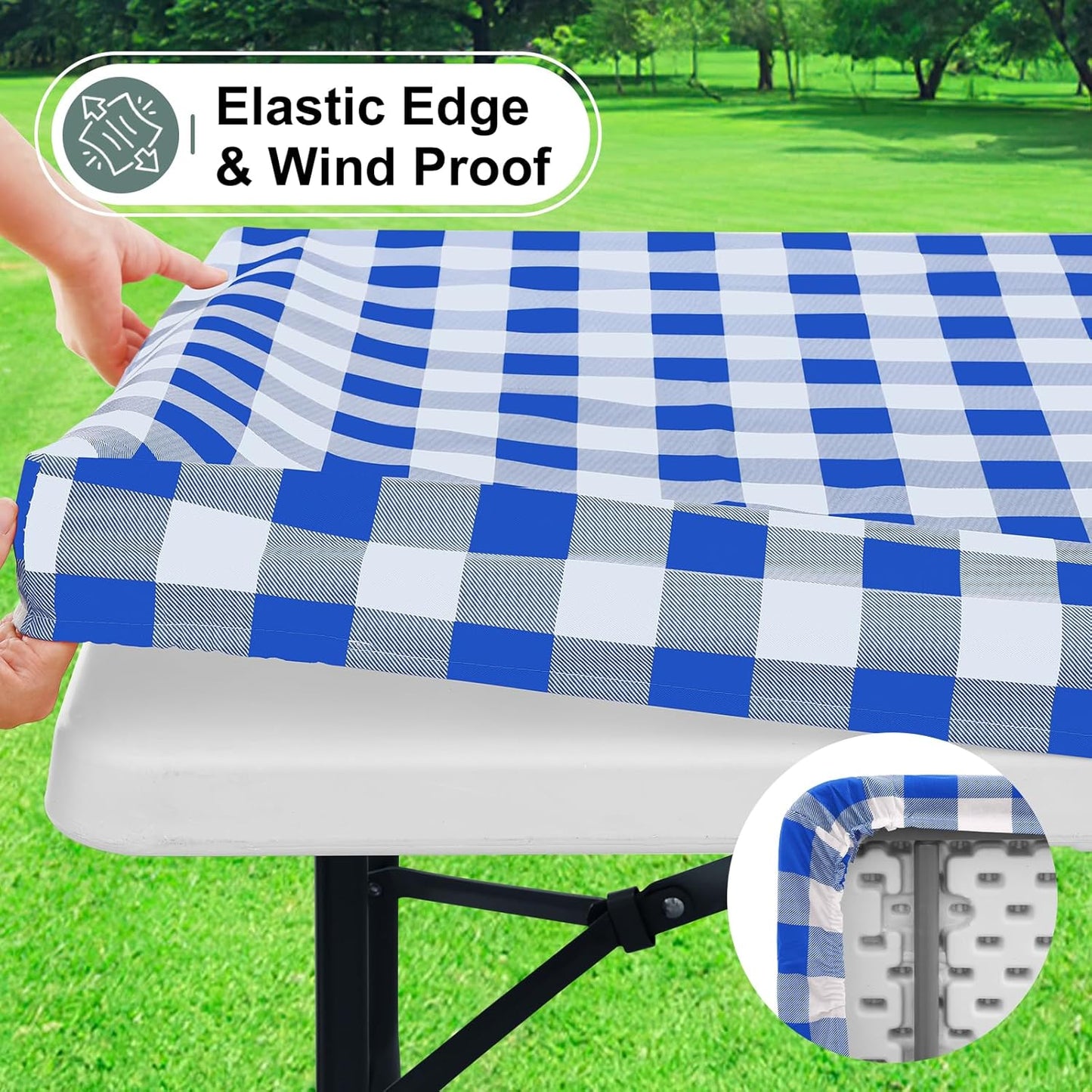 Buffalo Rectangle Picnic Tablecloth, 6 Foot Elastic Fitted Vinyl Table Cloth with Flannel Backing, Waterproof Plaid Table Covers for Dining, Camping, Outdoor (Blue and White, 30" X 72")