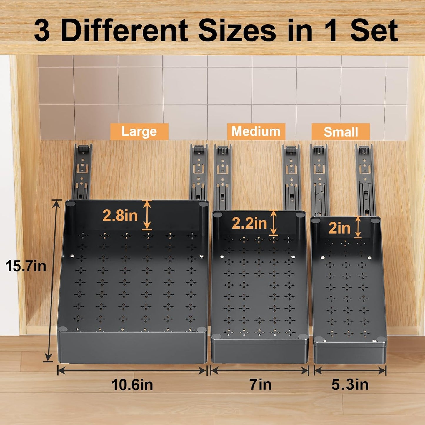 3 Pack Pull Out Cabinet Organizer, 15.7" Deep Pull Out Drawers for Cabinets, Slide Out Drawers for Kitchen Cabinets, Bathroom Cabinet Organizer, Pantry (Black)