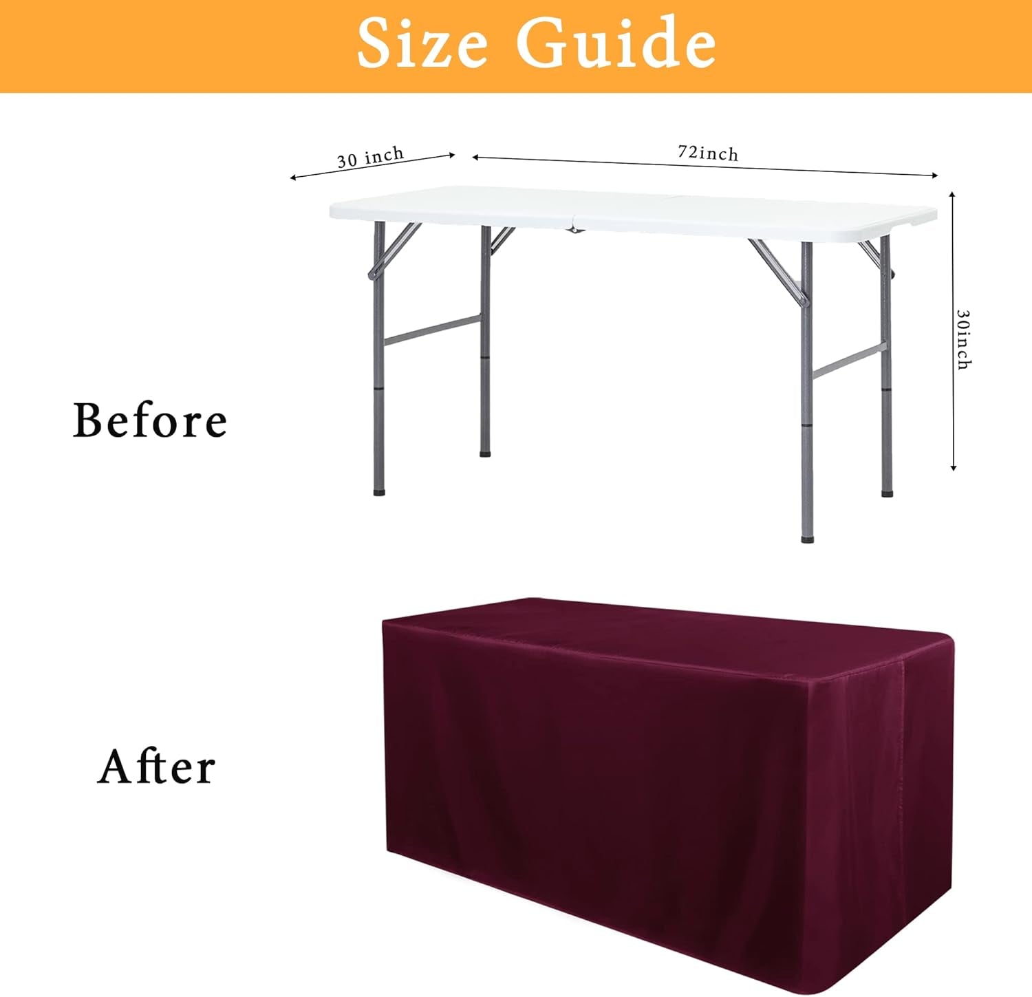 2 Pack Fitted Table Covers for 6 Foot Tables - Water Resistant Washable Fabric Polyester Rectangle Table Cover Protector for Wedding, Banquet and Trade Shows, 72L X 30W X 30H Inches, Burgundy