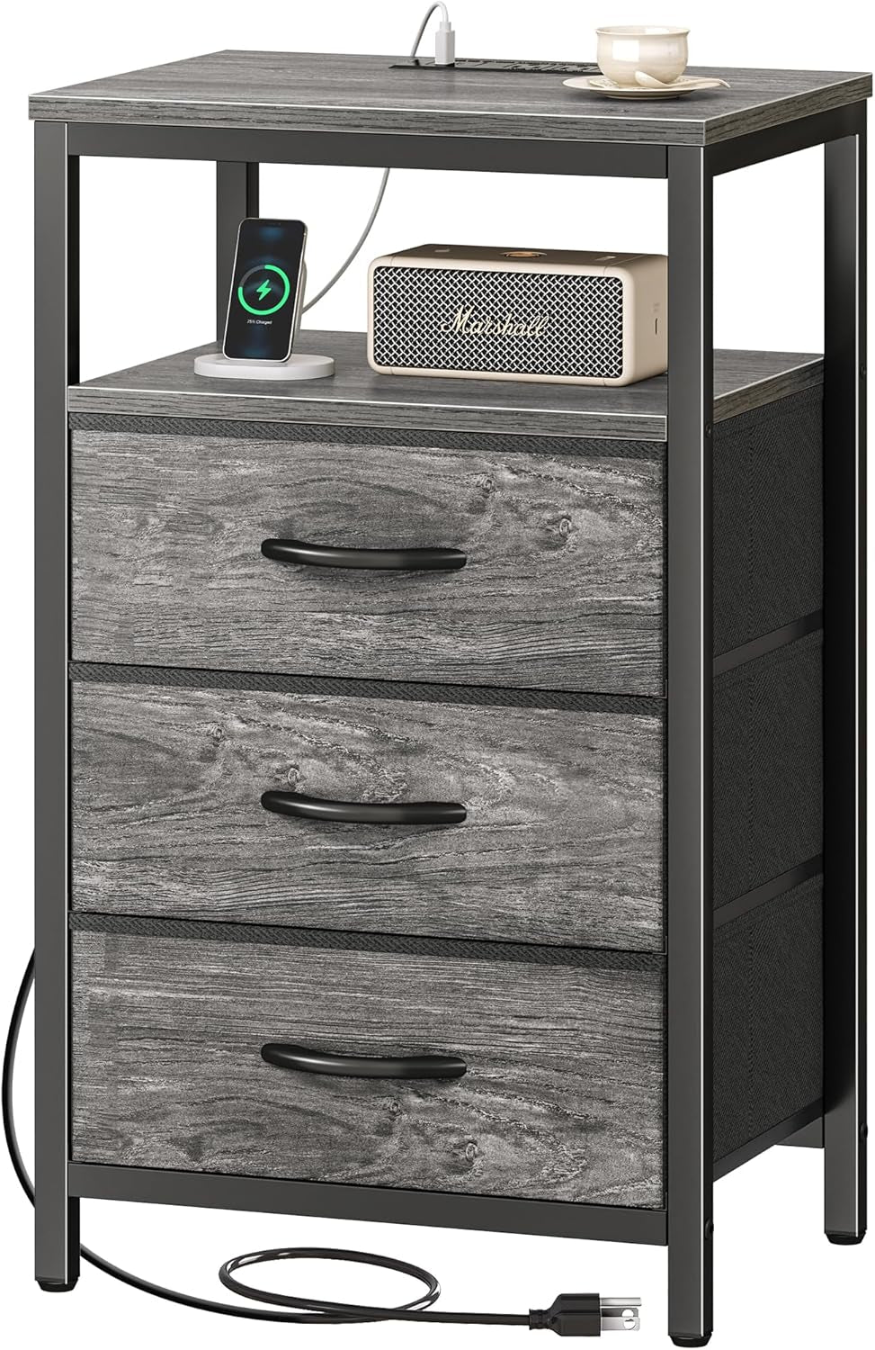 27.6-Inch Nightstand with Integrated Charging Station, End Table with USB Ports and Outlets, Bedroom Night Stand Featuring Fabric Drawers in Grey