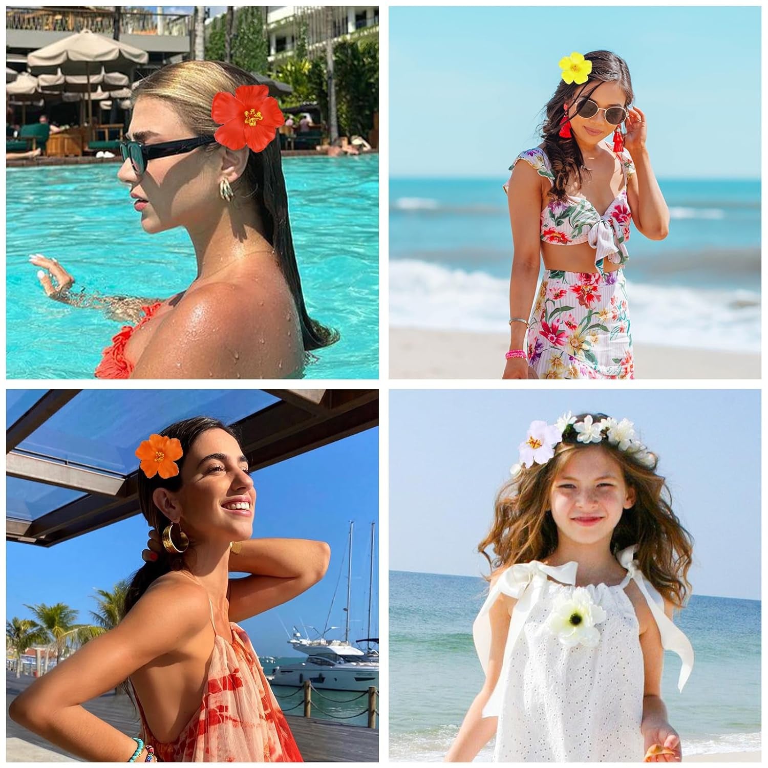 Hawaiian Flower Hair Clips for Women,4Pcs 3.5 Inch Artificial Flower Clips,Plumeria Hibiscus Hairclip for Beach Party,Cute Summers Tropical Flowers Bow Hair Accessories for Girls Holiday Gifts