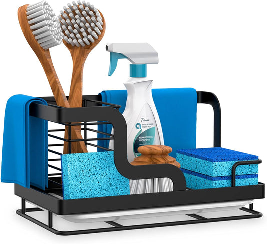 Sink Caddy,Kitchen Sink Organizers Sponge Holder for Kitchen Sink,Dish Soap Scrubber Holder with Removable Drain Pan,Sink Brush Holder for Scrubber-Black