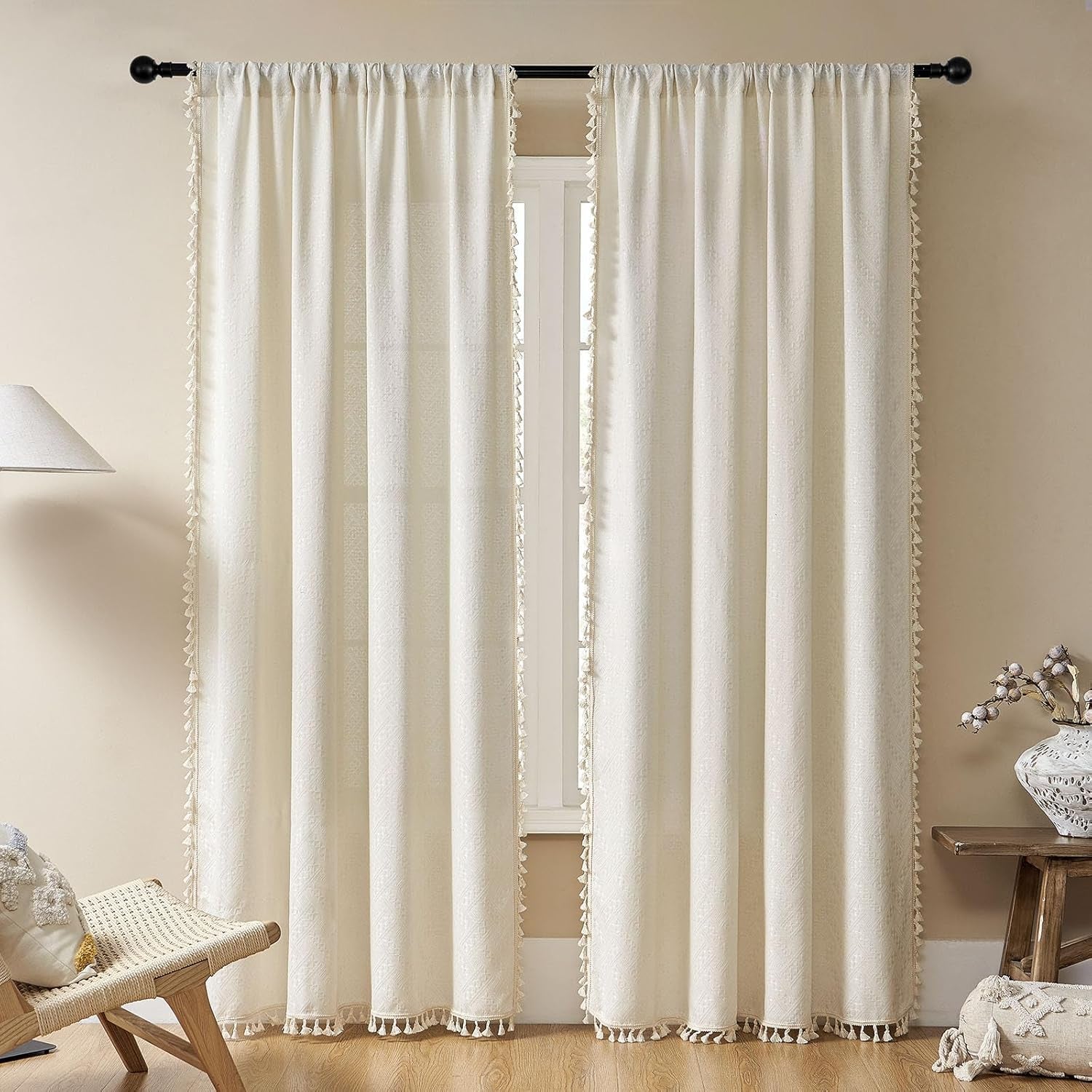 Beige Bohemian Curtains, 84-Inch Length, Set of 2 Panels, Soft Semi-Sheer Light Filtering Drapes with Tassels for Bedroom and Living Room (Rod Pocket, 52"W x 84"L)
