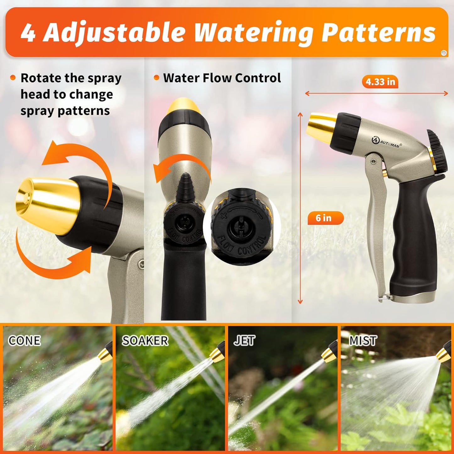 Garden Hose Nozzle - 100% Metal High Pressure Spray Nozzle, Adjustable Spray Patterns, Labor-Saving, Heavy Duty for Garden Watering, Car Washing, Window Cleaning, Pets Showering