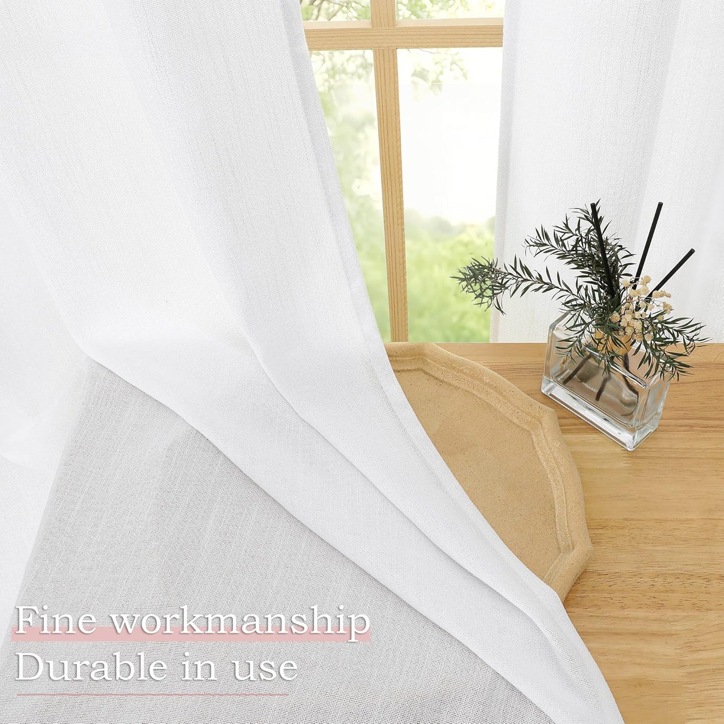 White Short Faux Linen Textured Cafe Kitchen Curtains 36 Inch Length 2 Panels, over Sink Semi Sheer Farmhouse Light Filtering Panels Rod Pocket Drapes for Bathroom Window, 40 X 36 Inch