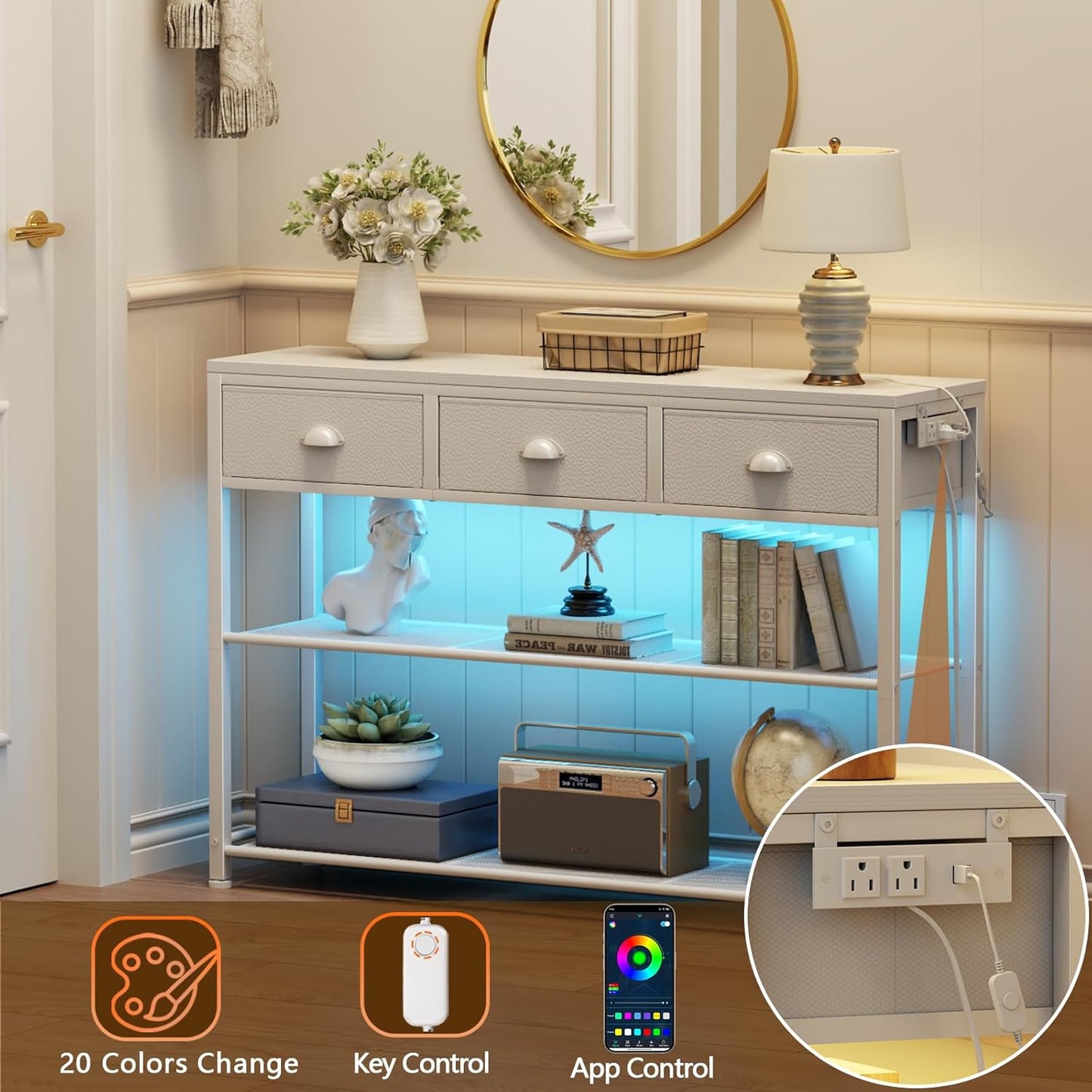 38In Console Table with 3 Drawers, Small Sofa Table with Lights and Power Outlets, Hallway Tables with 3-Tier Shelves, White Narrow Console Table for Entryway, Living Room, Couch, Foyer