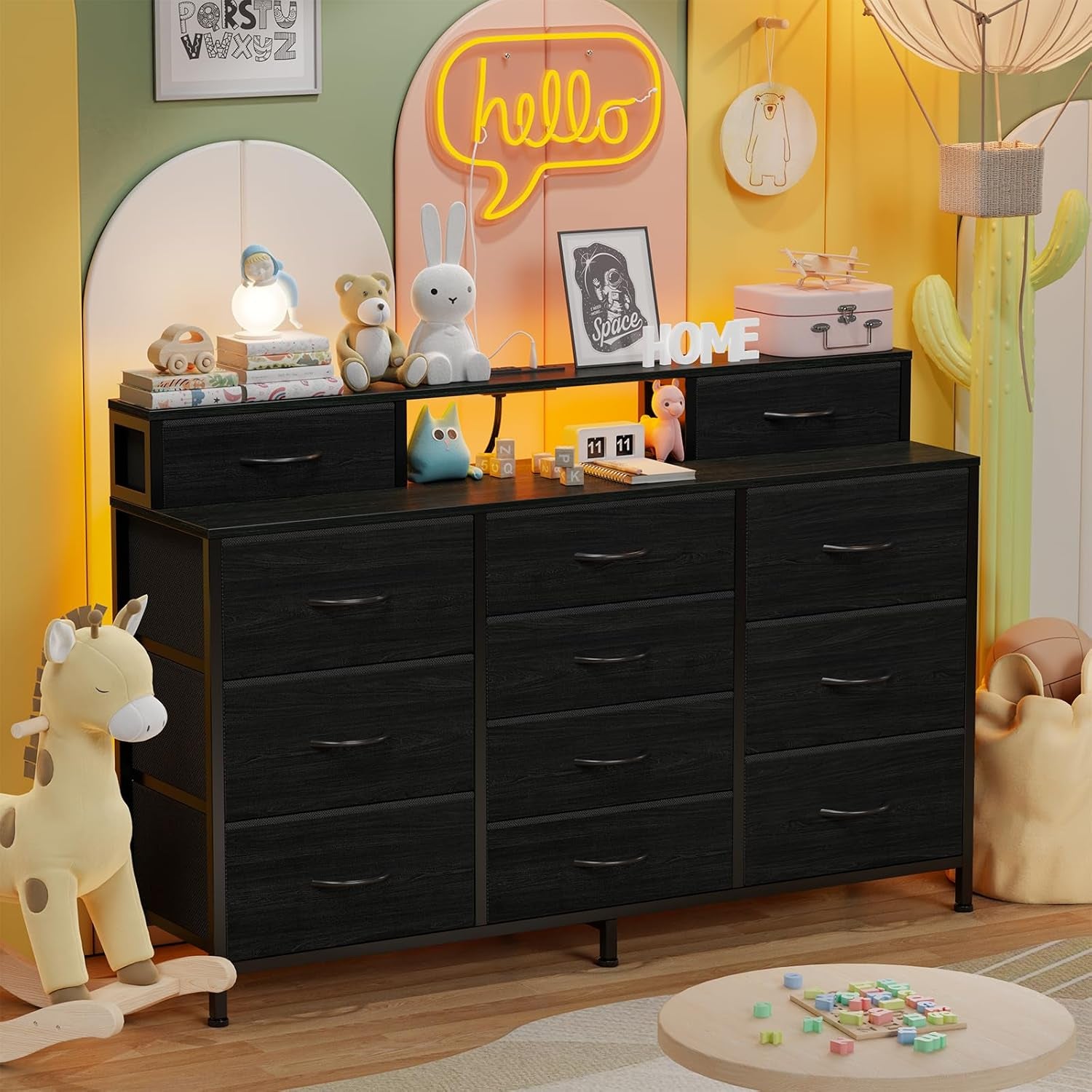 55-Inch Black Dresser with LED Lighting and Power Outlets, Featuring 12 Storage Drawers and 2 Shelves, Ideal for Bedroom, Living Room, or Entryway, Wooden Top with Metal Frame