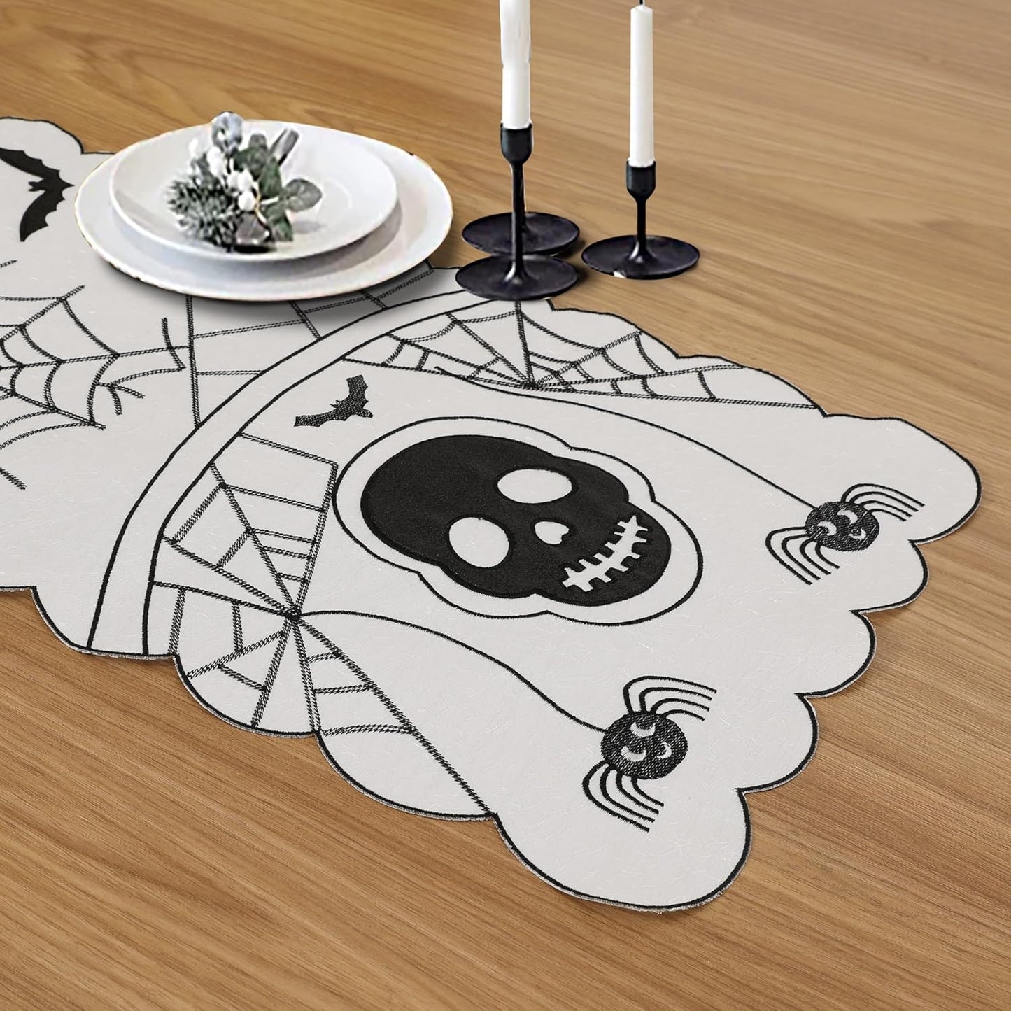 Fall Halloween Table Runner 36 Inches Long, Embroidered Black Spiders, Bats and Skull Table Runner Dresser Scarf for Home Dining Autumn Thanksgiving Tabletop Decoration, 13"X36"