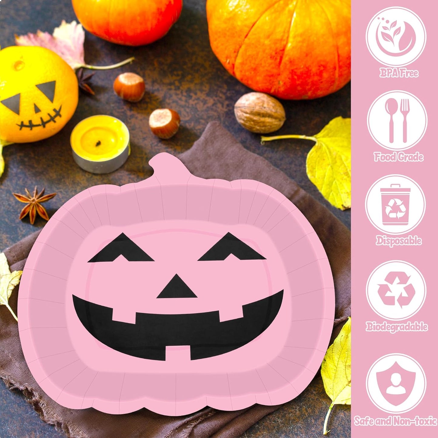 Pink Grimace Halloween Pumpkin Plates - 50 PCS, 9.6'' X 9.4'' Disposable Paper Plates for Party Supplies and Decorations
