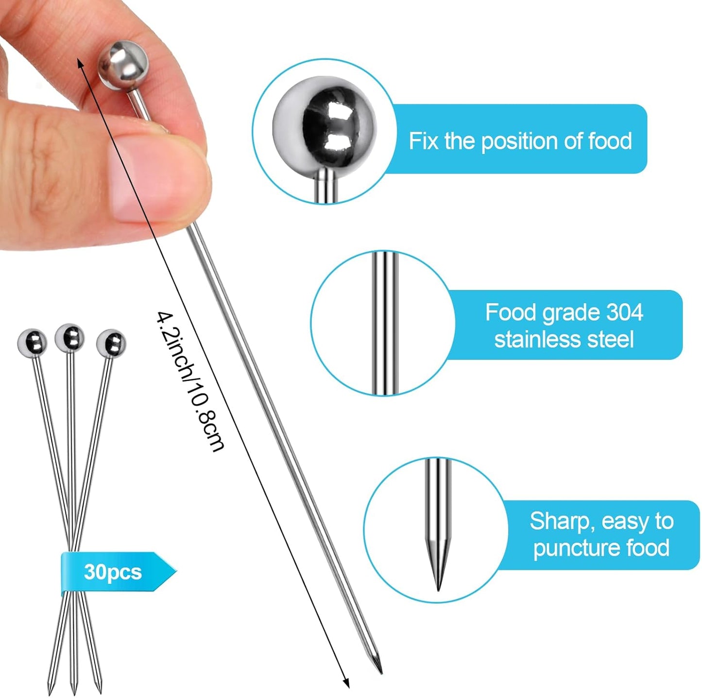 30 Pcs Cocktail Picks, Appetizer Skewers Stainless Steel, Cocktail Skewers Cleanable and Reusable, Toothpicks for Food and Drinks, Bar Party, Barbeque Snacks, Sandwiches, and Fruit (4.2Inch)