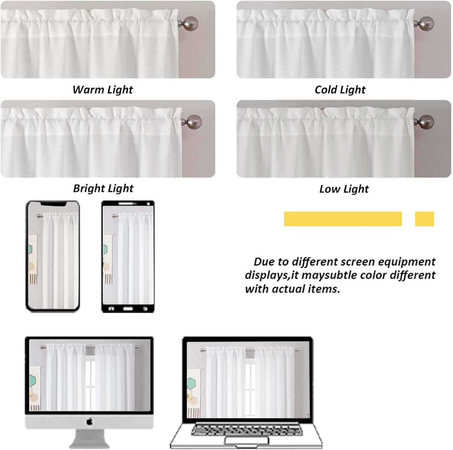 2 Panels White Curtains 24 Inch Length Tier Curtain, Faux Linen Textured Small Cafe Curtains, Light Filtering Short Camper Curtain for RV Window Bathroom, 30X24 Inch, 2PCS