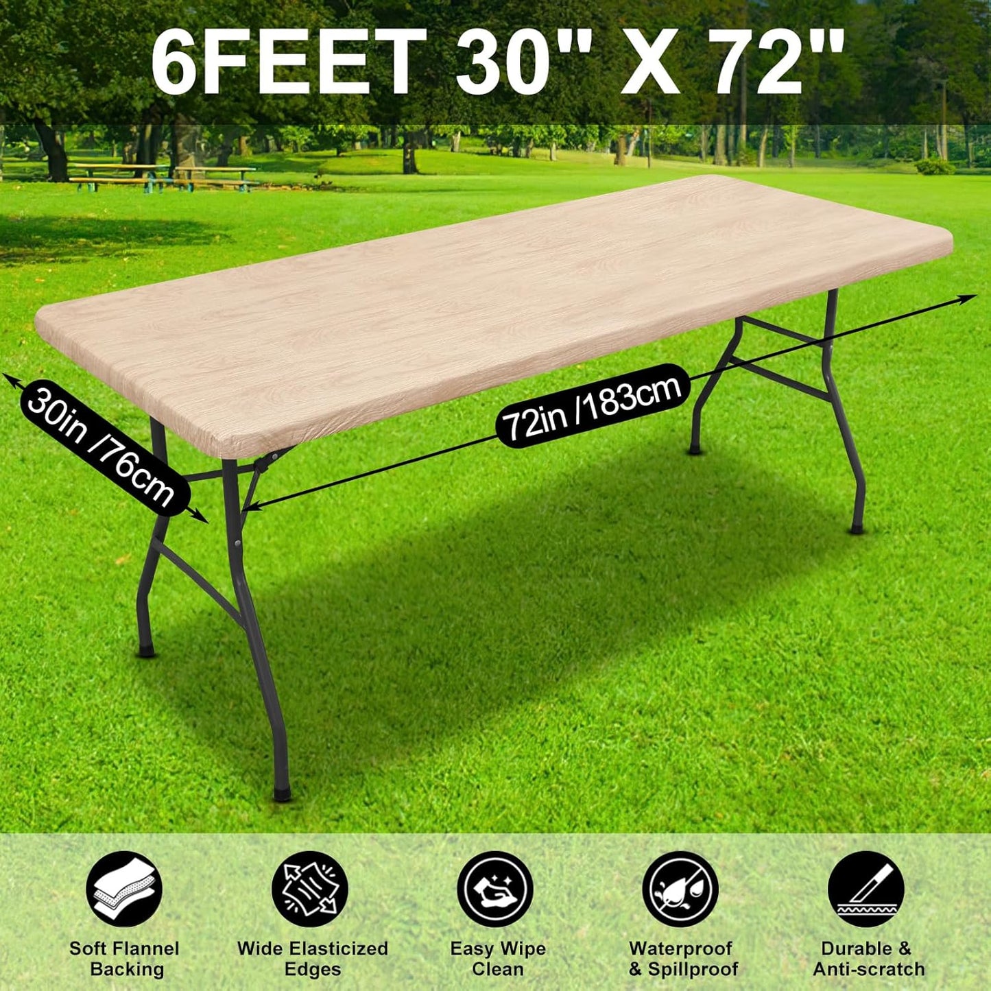 Rectangle Picnic Table Cover, Waterproof Elastic Fitted Vinyl Tablecloth for 6 Foot Tables, Wipeable Flannel Backed Camping Tablecloths Protector for Indoor, Outdoor (Beige, 30X72 Inches)