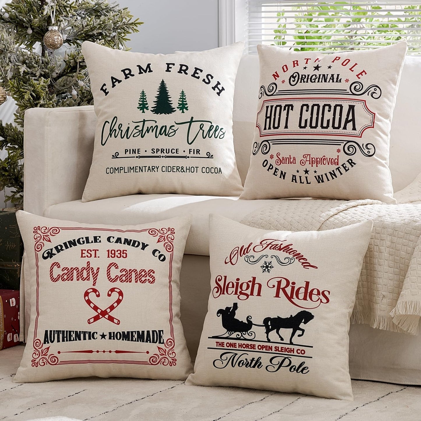 Set of 4 Holiday White Decorative Pillow Covers 18X18 Inch Candy Canes Sleigh Christmas Tree Throw Pillow Cases Winter Seasonal Cushion Cases Home Decors for Sofa Couch Bedroom