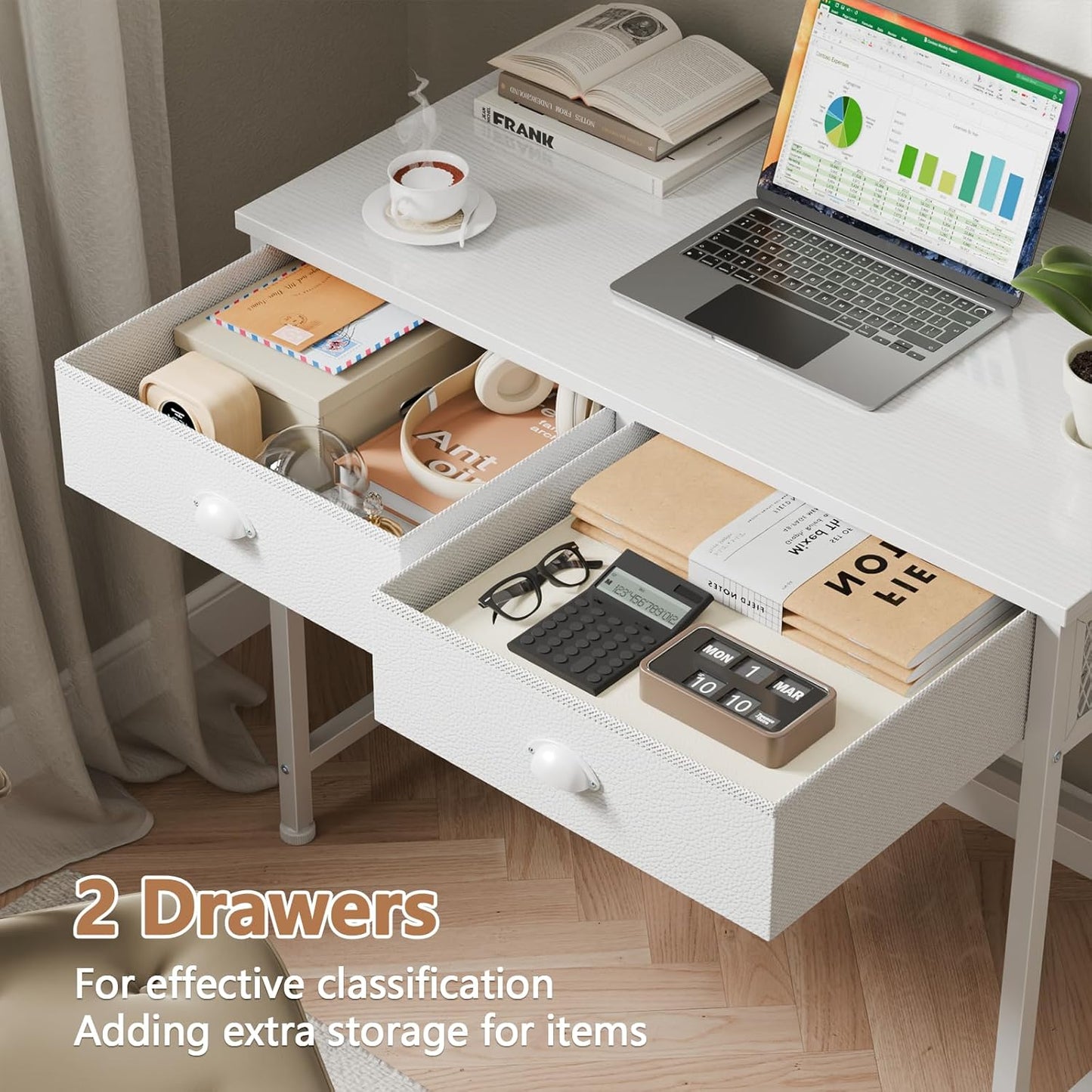 White Small Computer Desk with 2 Fabric Drawers for Bedroom,34 Inch Simple Home Office Writing Desk, Vanity Desk with Hooks, Study Table for Adults Student Small Spaces