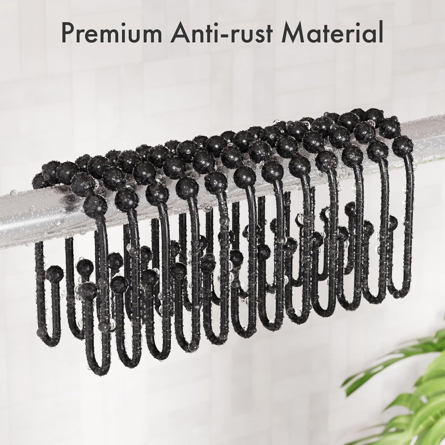 Shower Curtain Hooks, Black Rust Proof Non-Slip Double Hooks for Shower Curtain, Sturdy Metal Rings Bathroom 12Pcs