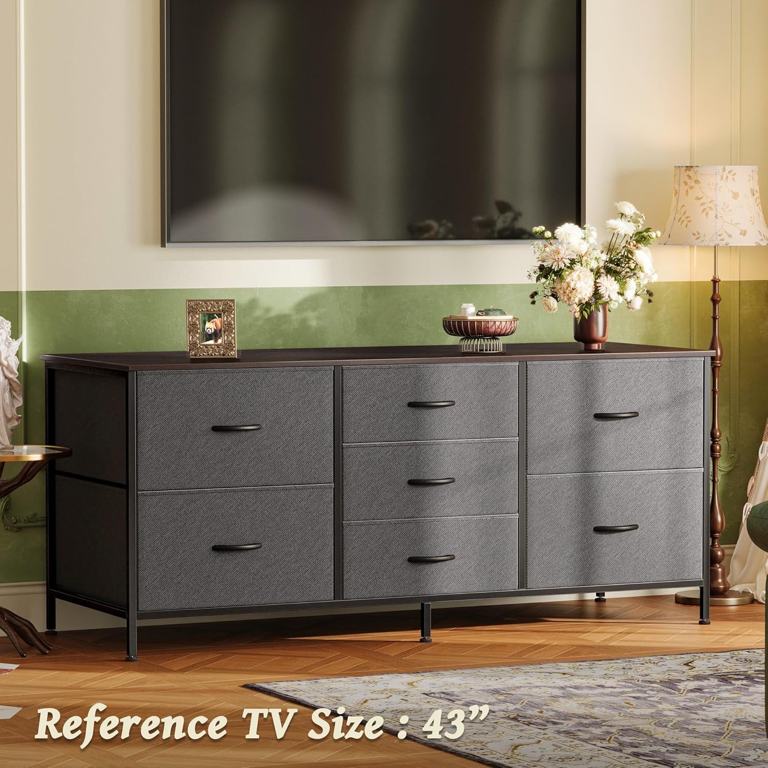 7-Drawer Fabric Dresser and TV Stand, 47-Inch Wide Chest for 43-55 Inch TVs, Metal Frame, Dark Grey, Ideal for Bedroom and Clothing Storage