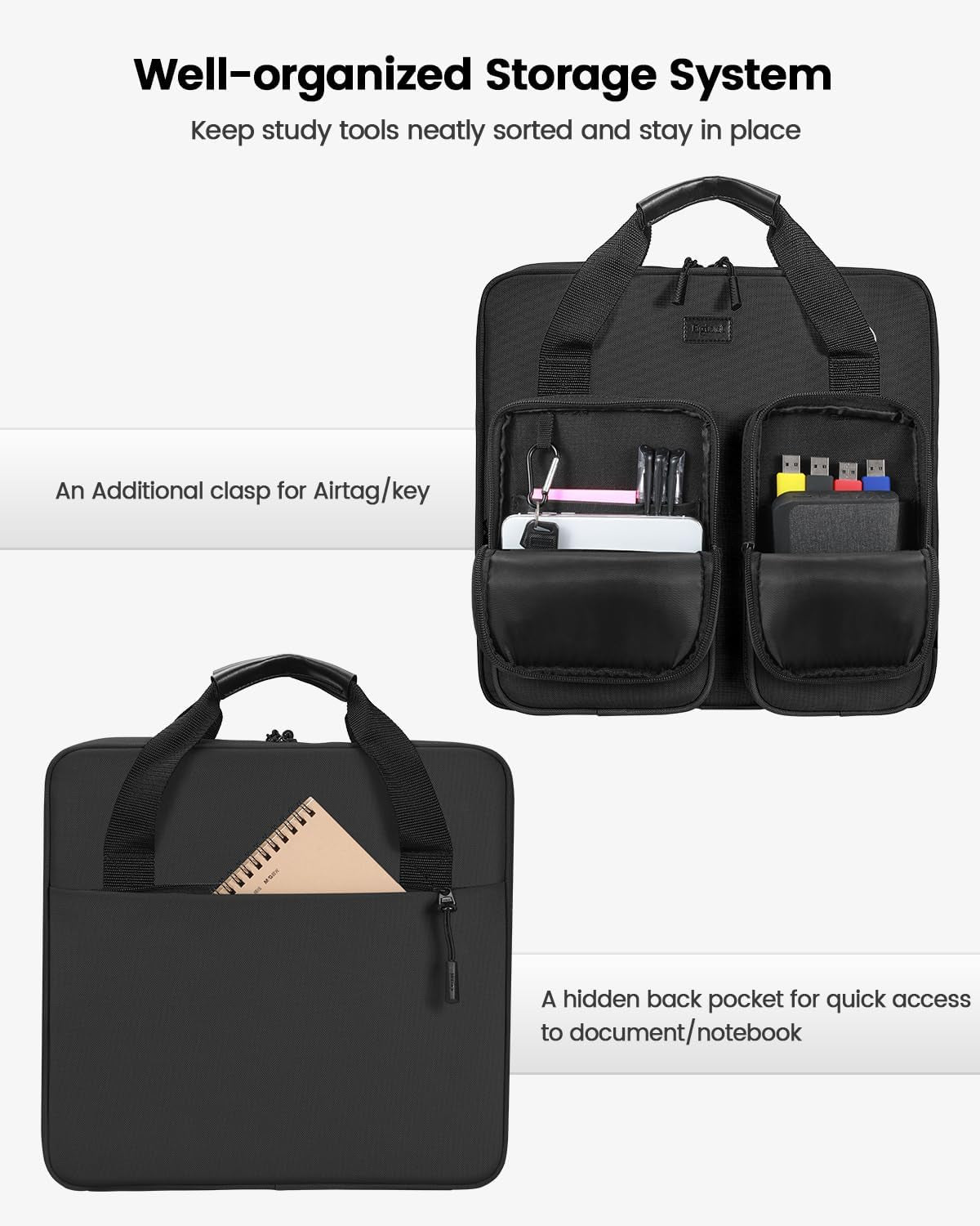 3 Inch 3 Ring Zipper Binder with Shoulder Strap & Handle & Multi-Pocket - 3" Binder with Zipper for School, Compatible with 13-Inch Macbook/Tablet -Patent Design Black