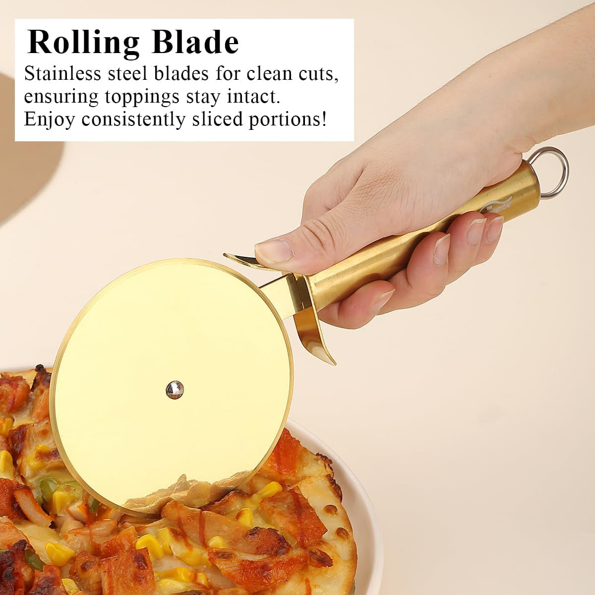 Gold Titanium-Plated Stainless Steel Pizza Cutter - Ultra Sharp Pizza Wheel and Pastry Slicer, Easy to Clean and Store