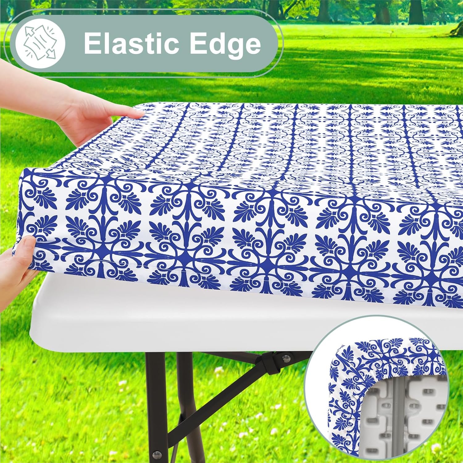 2 Pack 6 Foot Rectangle Picnic Tablecloth, Elastic Fitted Waterproof Table Cover, Windproof Washable Polyester Table Cloth for Camping, Indoor and Outdoor (Blue, 30" X 72")