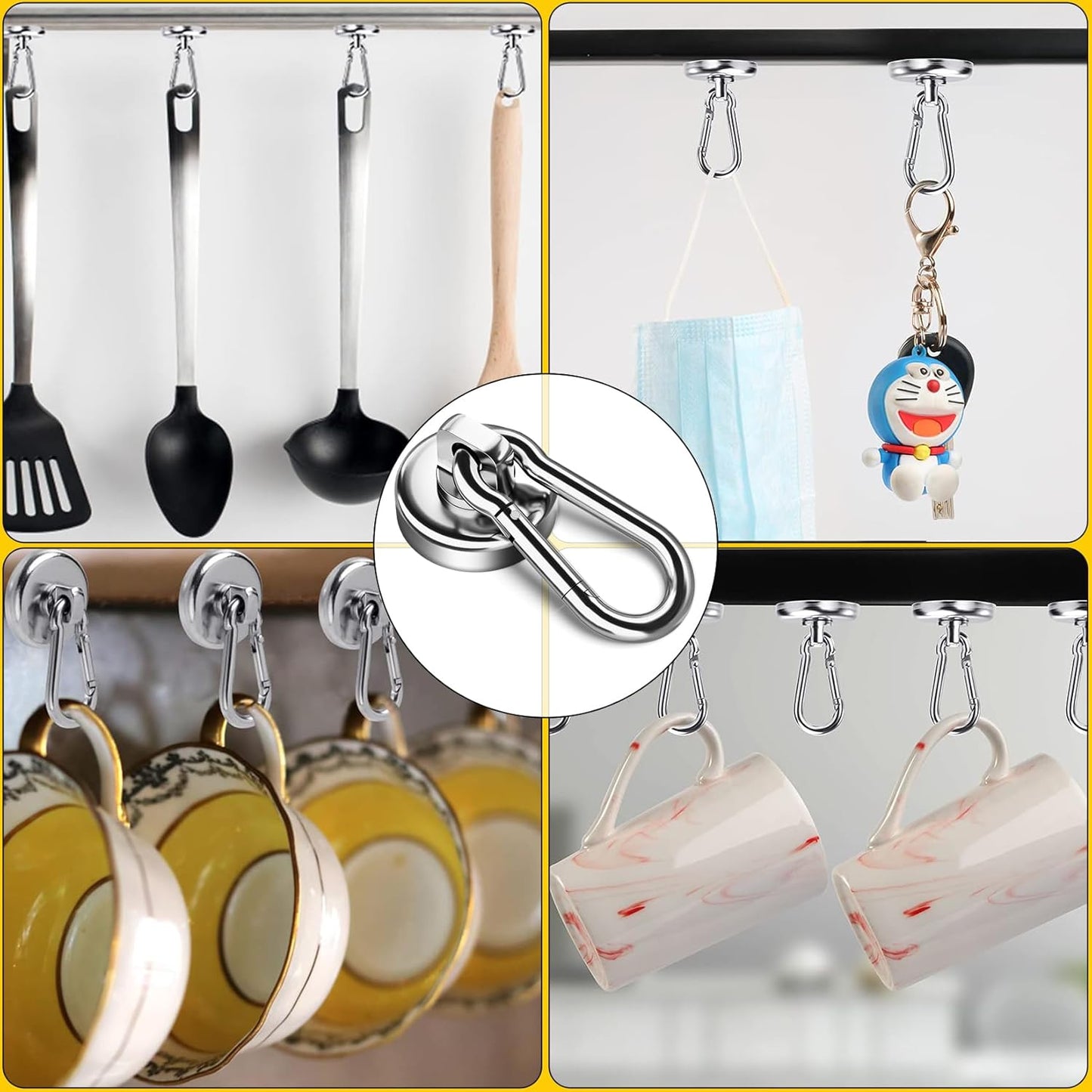 4Pack Magnetic Hooks with Swivel Carabiner, 50LBS Neodymium Magnet Hooks Heavy Duty, Strong Magnetic Hooks for Hanging, Magnet with Hook for Outdoor, Garage, Warehouse, Home